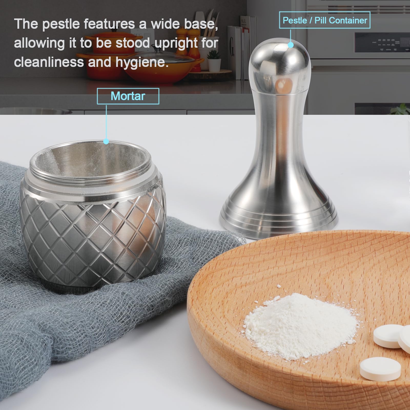 Premium Stainless Steel Mortar and Pestle Set - Spice Grinder, Pill Crusher & Herb Mill for Fine Powder - Durable Hand Tool with Waterproof Pill Container - Perfect for Kitchen, Pharmacy & DIY Herbal Remedies