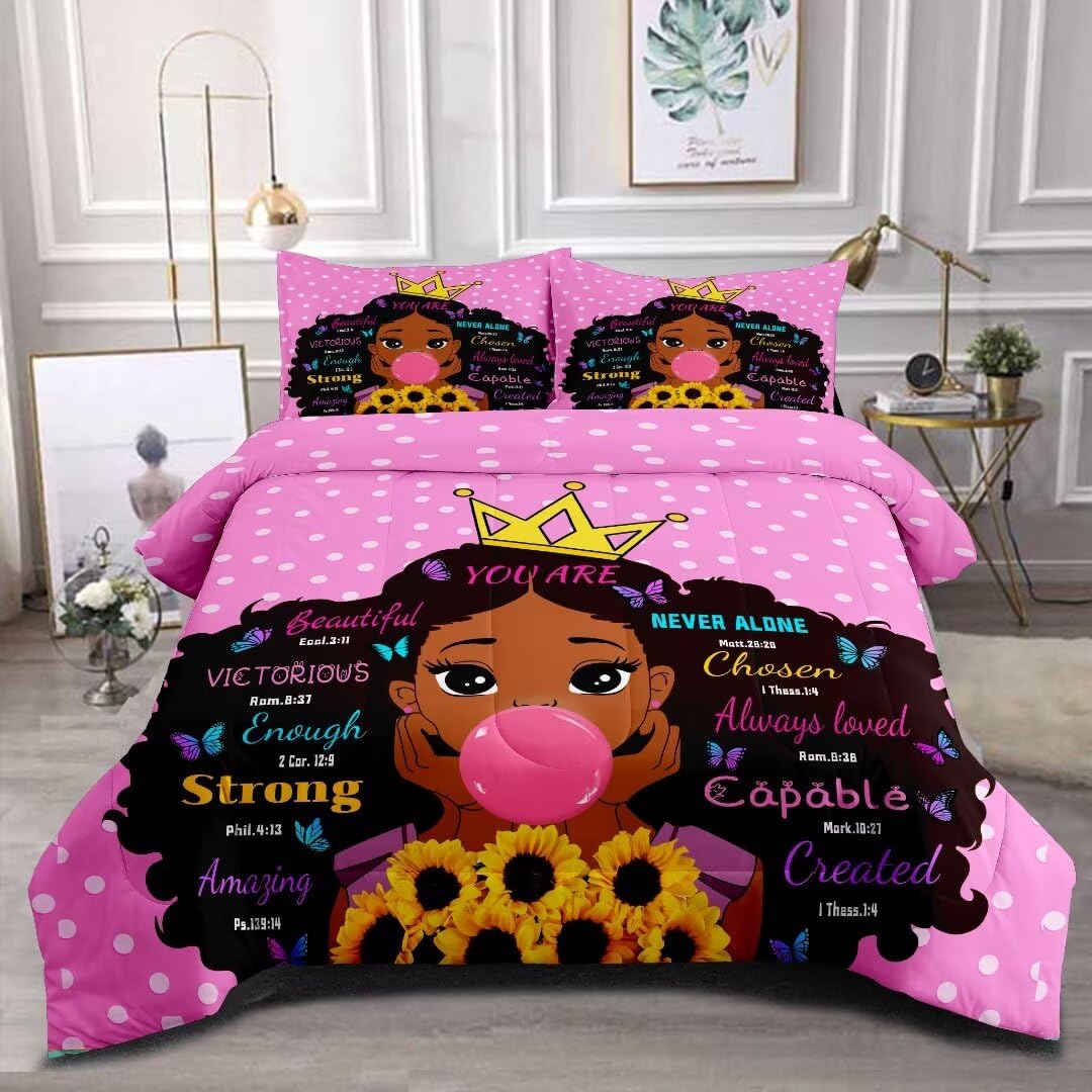 Black Girl Magic Comforter Set Queen Size for Kids & Teens - African American Inspirational Bedding with Motivational Quotes | Perfect for Princess Themed Bedrooms & Teen Room Decor