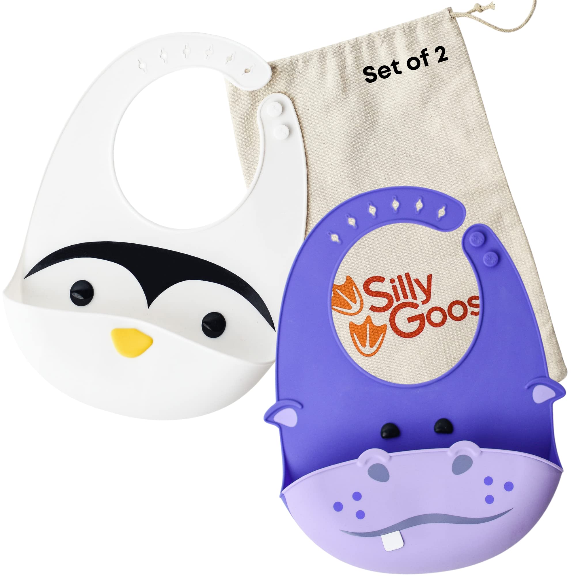 Silly Goose Set of 2 Waterproof Adjustable Silicone Baby Bibs for Infants & Toddlers - Soft Wide Food Catcher Pocket (Penguin + Hippo) - Perfect for Messy Meals & Feeding Time