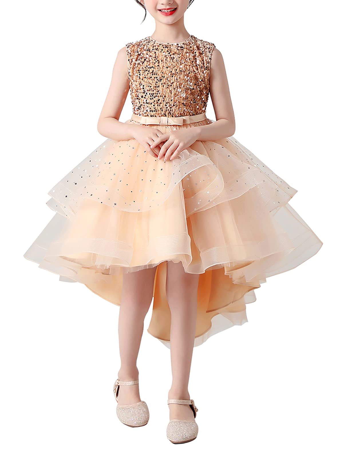 SEAUR Girls' Formal Wedding Party Dress - Elegant Hi-Low Lace Maxi Evening Gown with Train for Flower Girls, Pageants & Special Occasions (Sizes 3-14T)
