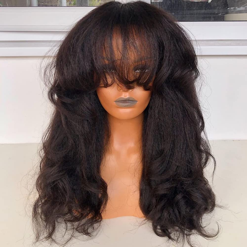 Brazilian Human Hair Wigs for Black Women - 22 Inch Kinky Yaki Wavy Bang Wig with 180% Density & O Scalp Top | Perfect for Protective Styling, Everyday Wear & Special Occasions