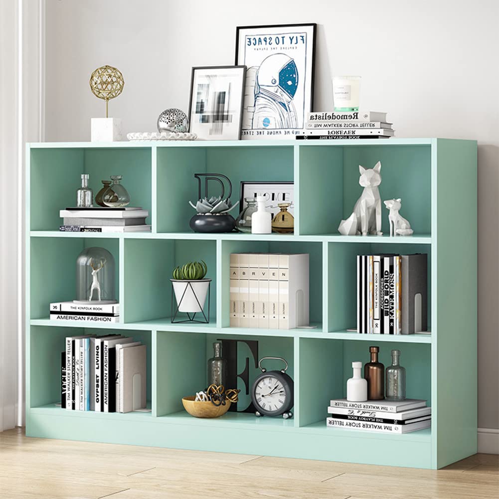 IOTXY 3-Tier Open Shelf Bookcase - Wooden Floor Standing Display Cabinet with Base, 10-Cube Short Horizontal Bookshelf in Tiffany Green - Perfect for Living Room, Bedroom & Office Storage Organization