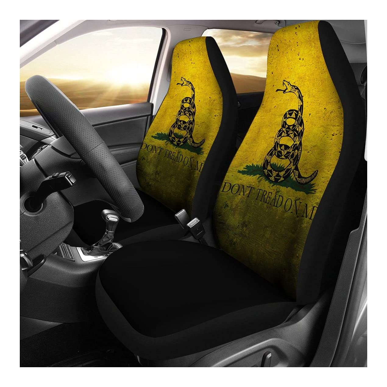 XTRENDZ Funny Animal Snake 'Don't Tread On Me' Car Seat Covers Set of 2 - Waterproof Front Seat Protectors for Cars, Trucks & SUVs (Yellow) - Perfect for Road Trips, Daily Commute & Pet Protection