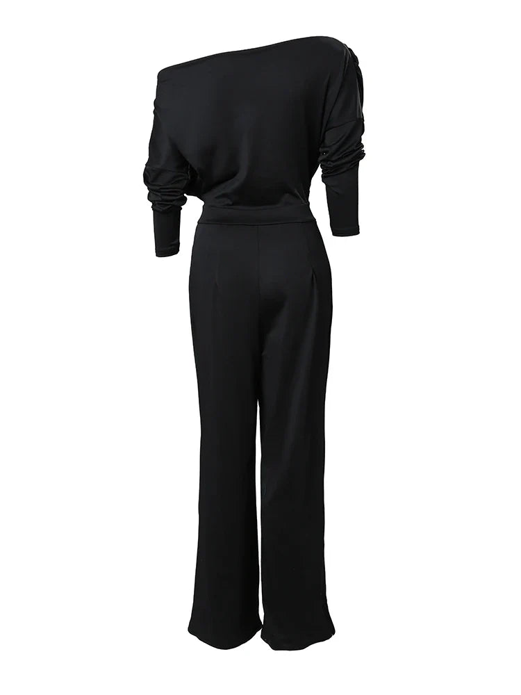 Elegant Women's Jumpsuits - Spring Office Wear Loose Ruched Cold Shoulder Split Hem Wide Leg Romper for Work, Party & Casual Outfits | Plus Size Options Available