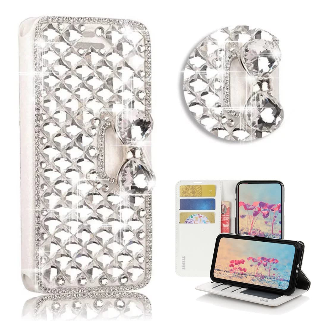STENES Bling Wallet Phone Case for iPhone 6 Plus/6S Plus - 3D Handmade Lattice Bowknot Leather Cover with Card Slots, Screen Protector & Neck Strap - White | Perfect for Parties, Shopping & Everyday Use