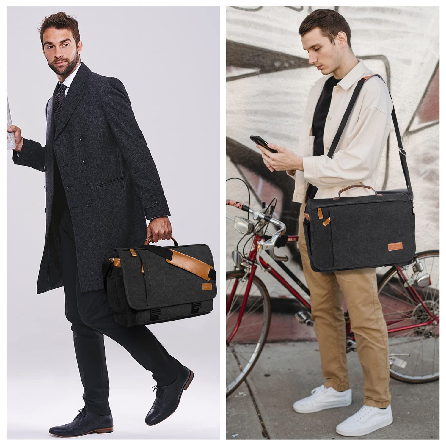 ESTARER 15.6 Inch Waterproof Canvas Messenger Bag for Men - Durable Laptop Shoulder Bag & Business Briefcase in Dark Grey - Perfect for Work, Travel & Daily Commute