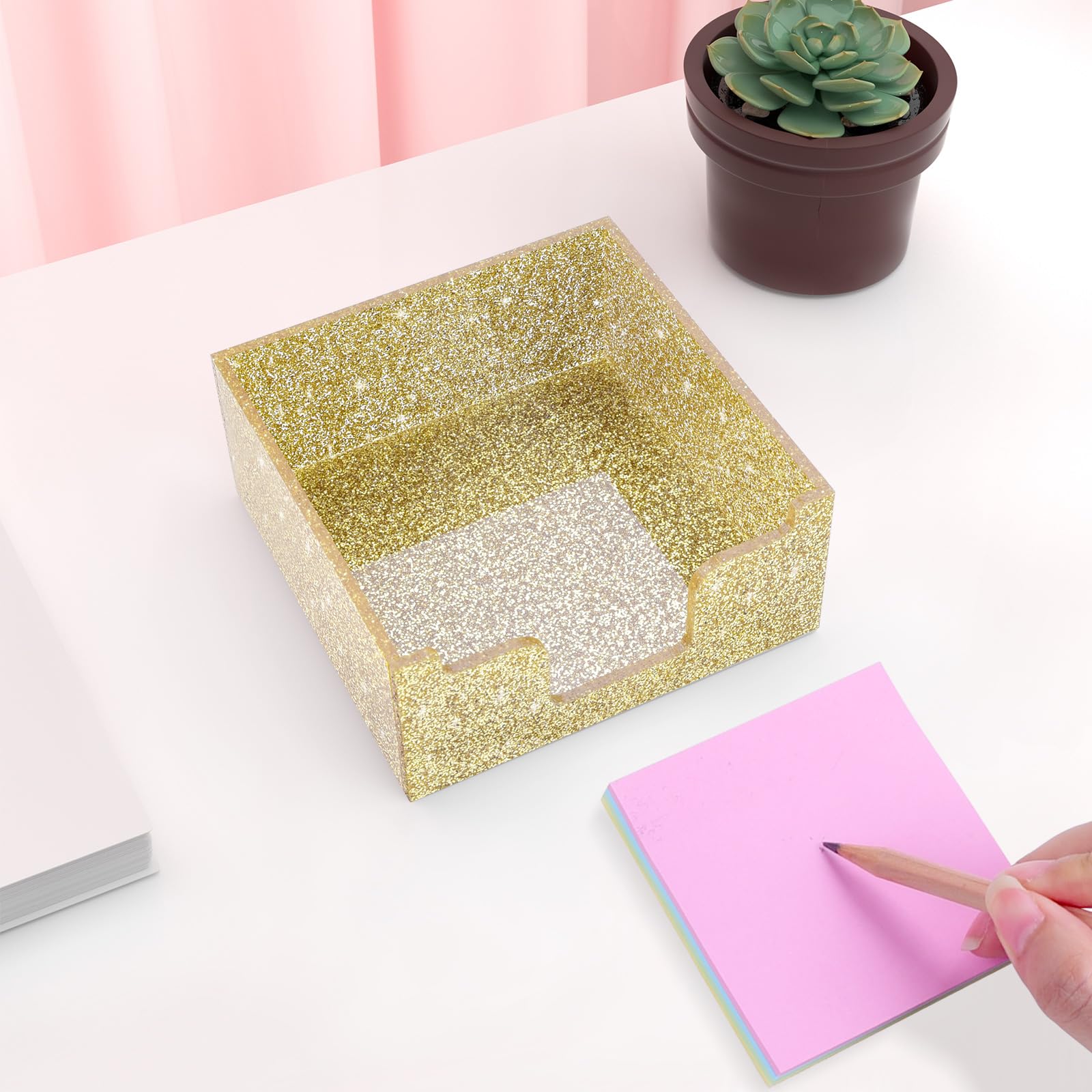 Rouidr Acrylic Sticky Note Holder - 3.94 x 3.94 Inch Glitter Memo Pad Dispenser Organizer for Office, School & Home Desk (Gold) | Perfect for Notes, Reminders & Office Supplies Organization