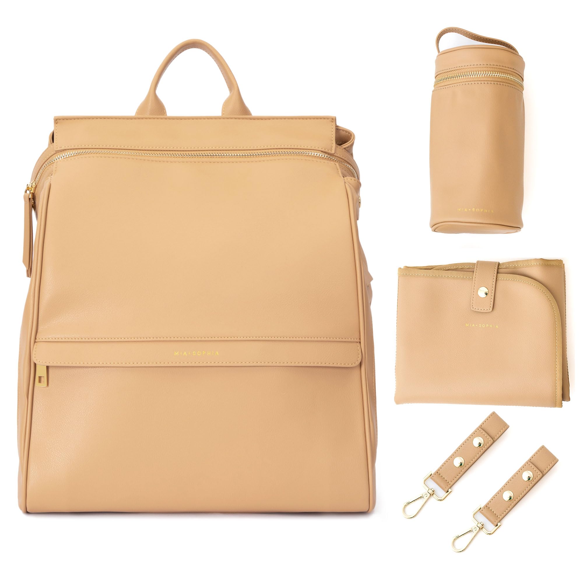 Premium Leather Diaper Bag Backpack with USB Charging Port, Insulated Bottle Pockets & Stroller Straps - Includes Changing Pad (Sophia Brown) | Perfect Baby Shower Gift & Hands-Free Parenting Essential for Travel, Park Outings & Daily Use
