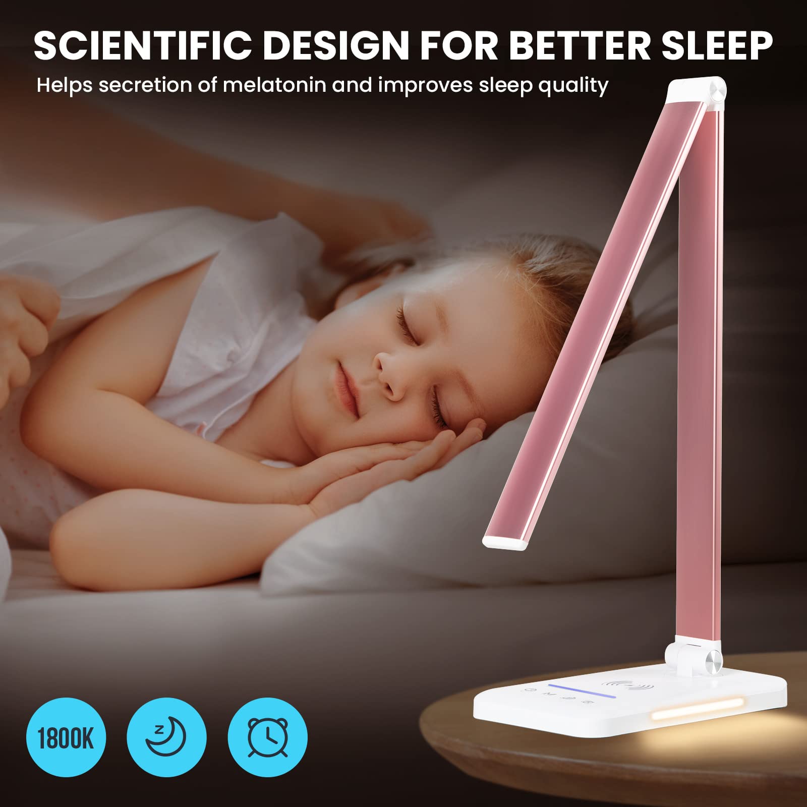 LED Desk Lamp with Night Light - Fast Wireless Charger & USB Port - 10 Brightness Levels & 5 Color Modes - Dimmable Touch Control Bedside Lamp with Auto Timer (1200 Lux) - Perfect for Home Office, Bedroom, Study & Reading