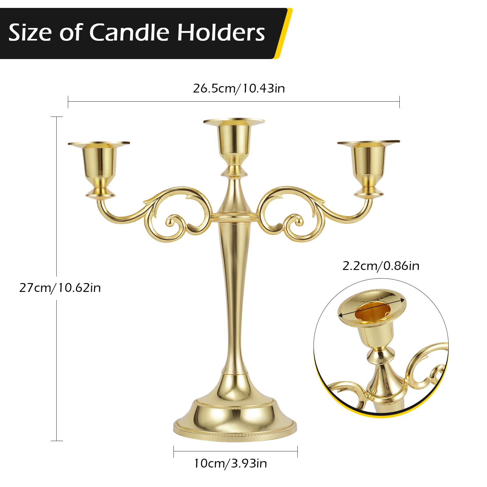 **Dyna-Living 3-Arm Gold Metal Candelabra Candle Holder Set (2pcs) - Elegant Tall Candlestick Stand for Long Taper Candles - Perfect for Weddings, Anniversaries, Parties & Home Decor**