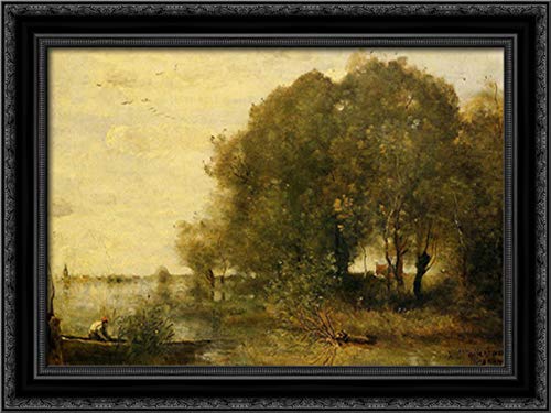 Jean Baptiste Camille Corot Wooded Peninsula 24x18 Black Ornate Wood Framed Canvas Art - Perfect for Living Room, Bedroom & Office Wall Decor
