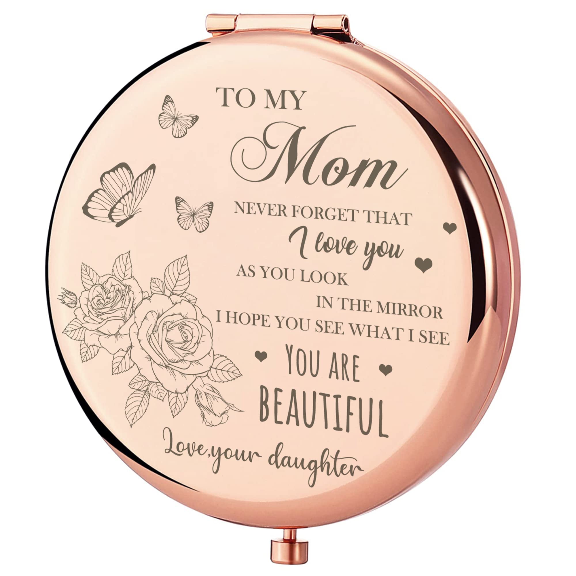 Rose Gold Compact Mirror for Mom - Elegant Gift for Mother's Day, Birthday, Wedding Anniversary from Daughter | Perfect for Makeup Touch-Ups & Travel