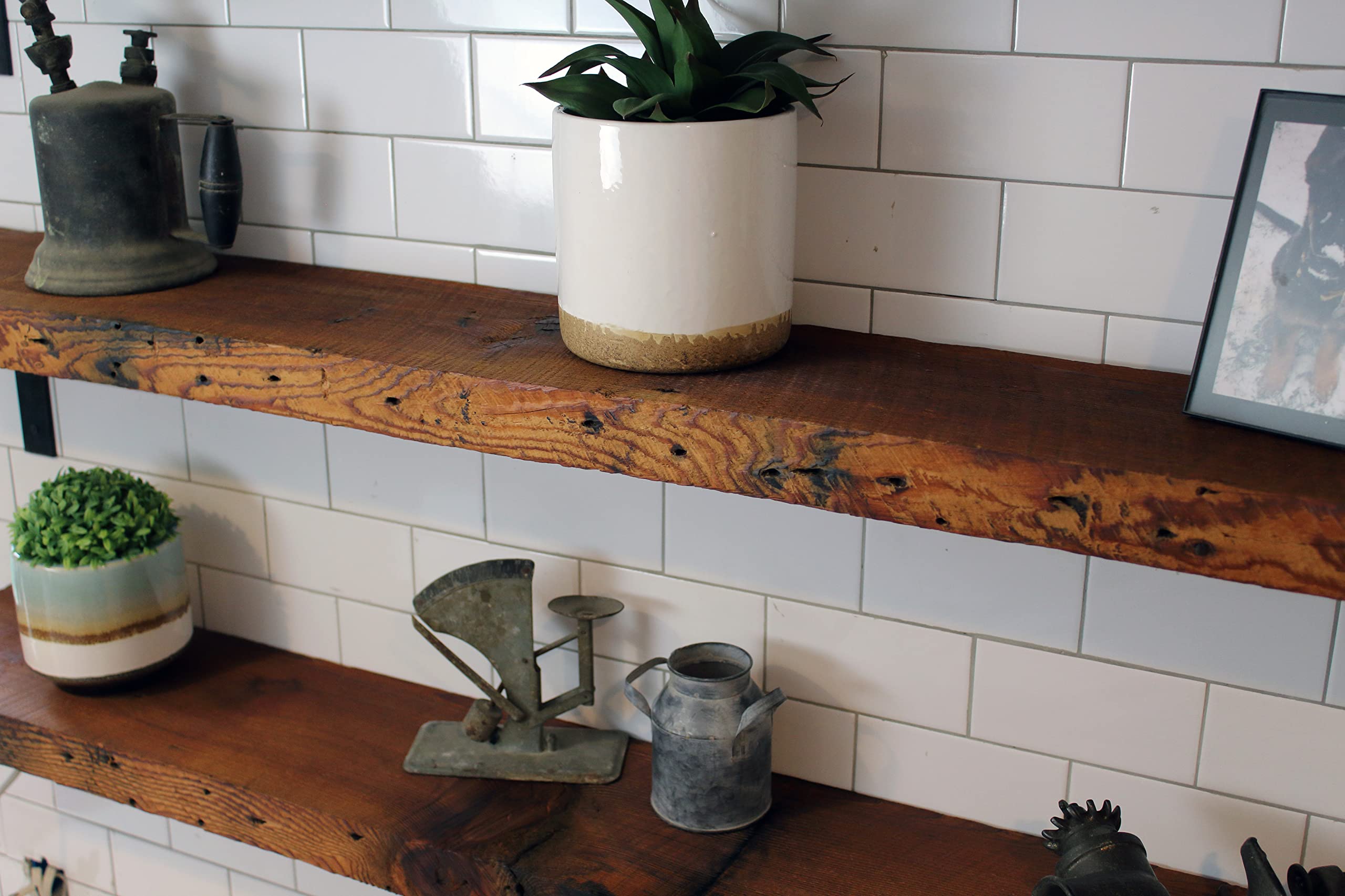 Reclaimed Wood Floating Shelf with Steel Brackets - Rustic Modern Wall Shelf for Home Decor, 2 Inch Thick, 78