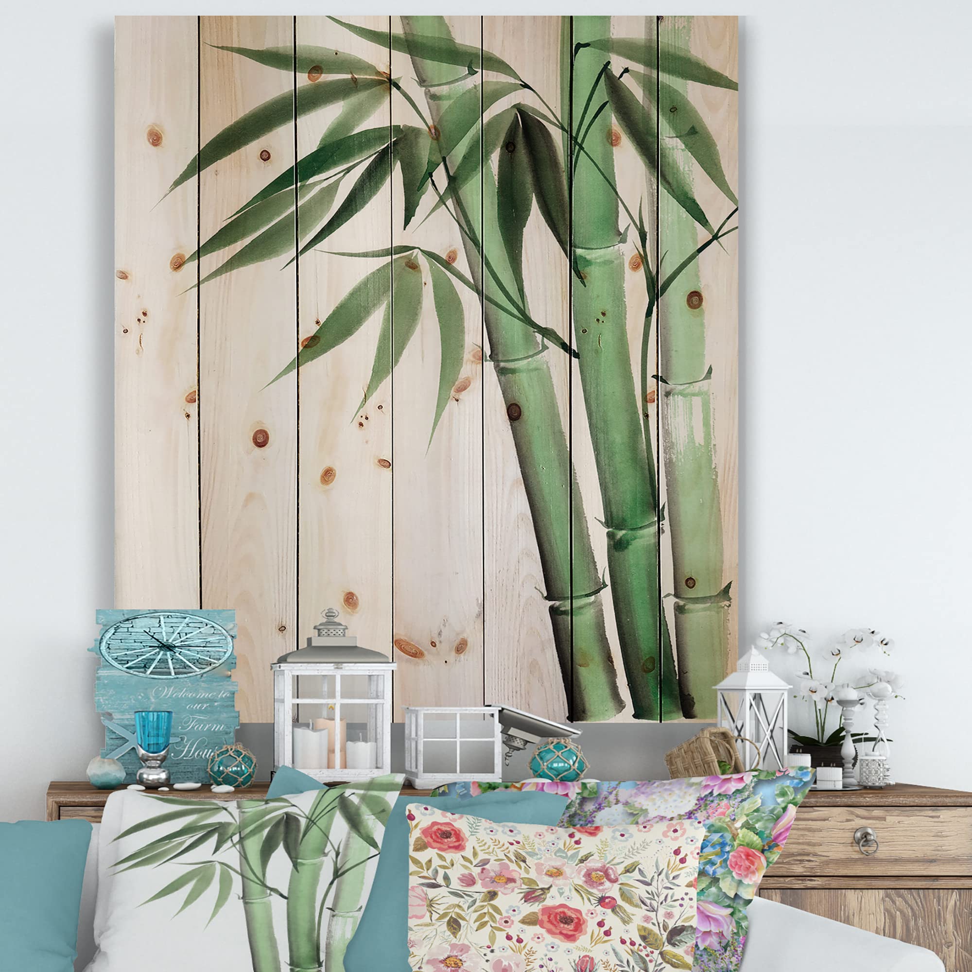 DesignQ Palm Bamboo Traditional Wood Wall Decor - Large Floral Wall Art Panels Printed on Natural Pine Wood - Perfect for Living Room, Bedroom & Office Decor