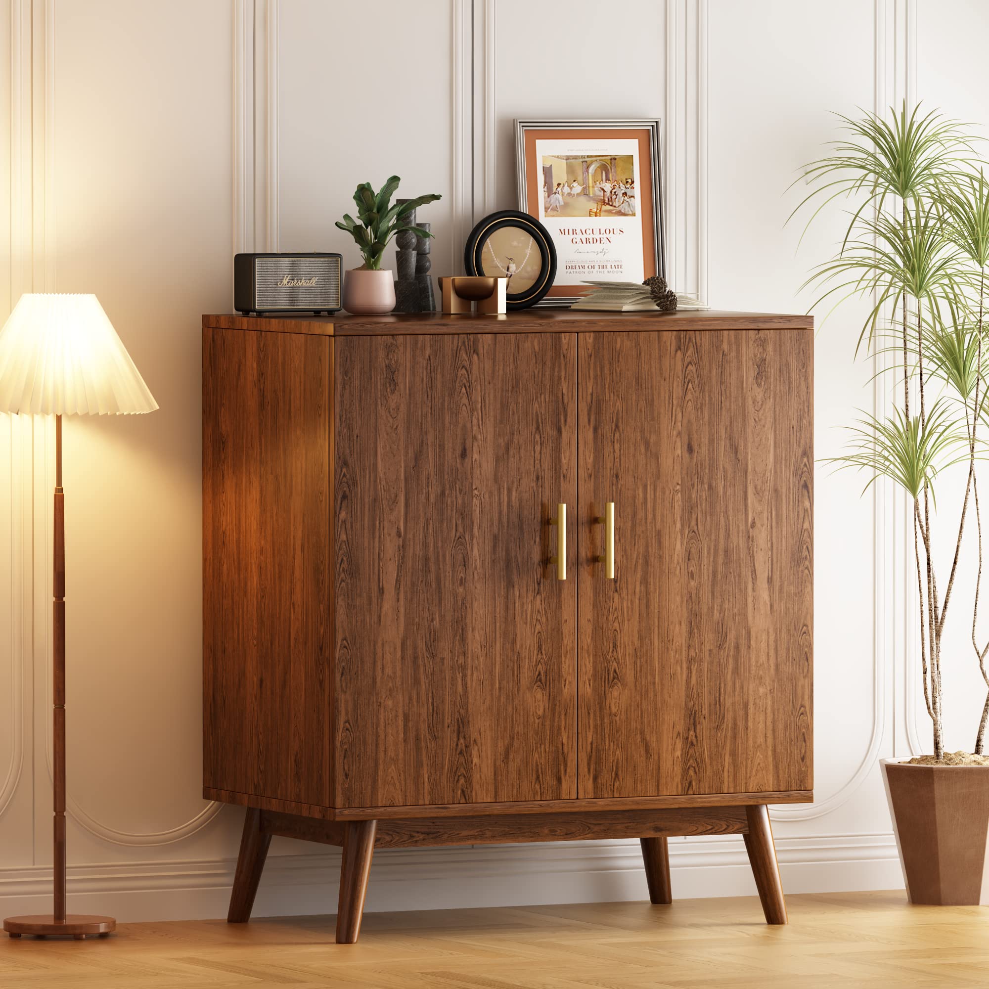 Lamerge Wine Bar Cabinet - Walnut Kitchen Storage Cabinet with Wine Rack & Shelves, Liquor & Coffee Bar Organizer for Home, Living Room, Kitchen, Hallway - Perfect for Entertaining Guests & Home Decor
