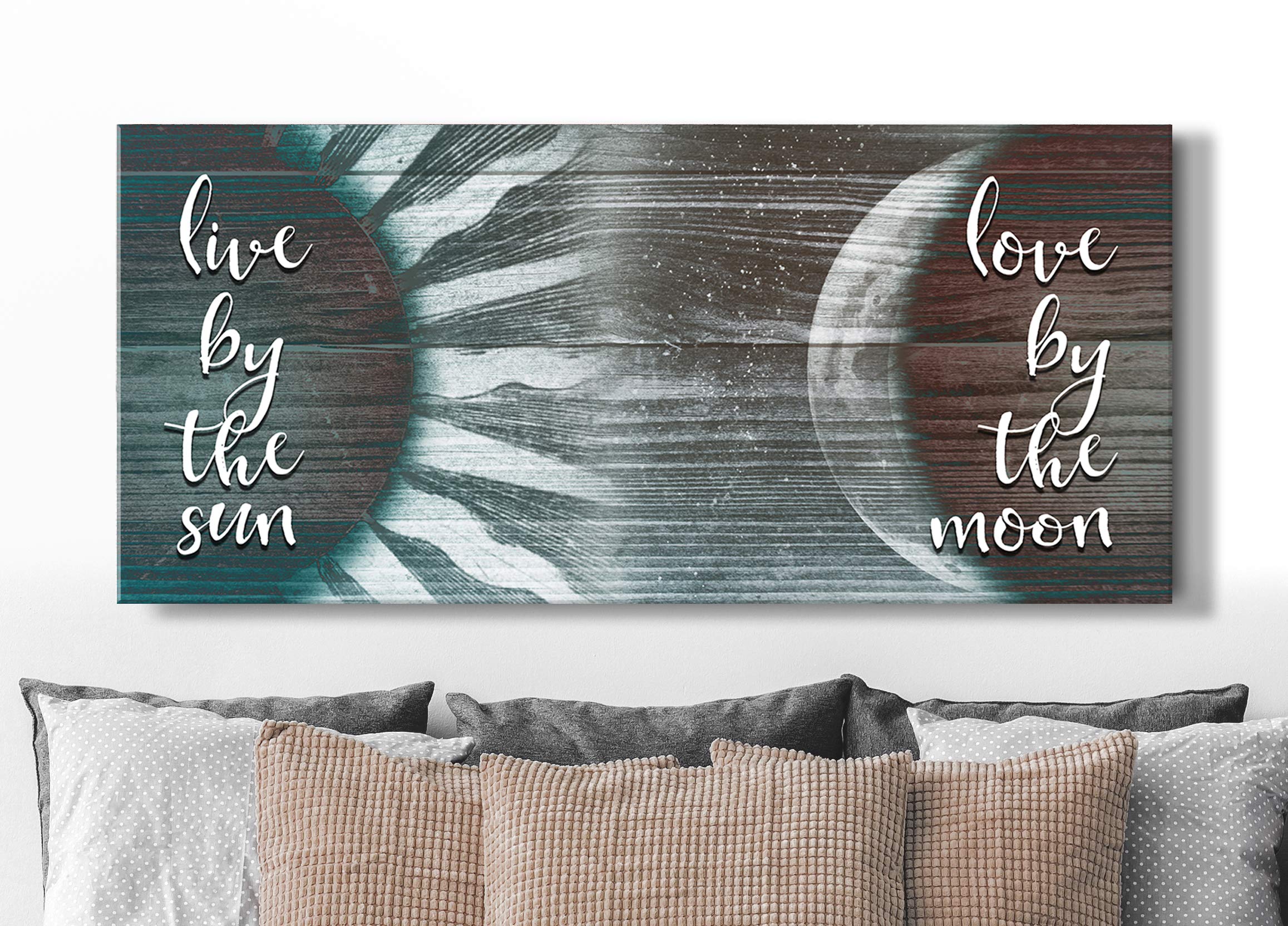 Live By The Sun Love By The Moon Framed Wall Art Canvas - Earth Tone Couples Bedroom Decor (42x19 Inch) | Romantic Home Decor for Bedroom, Living Room & Wedding Gifts