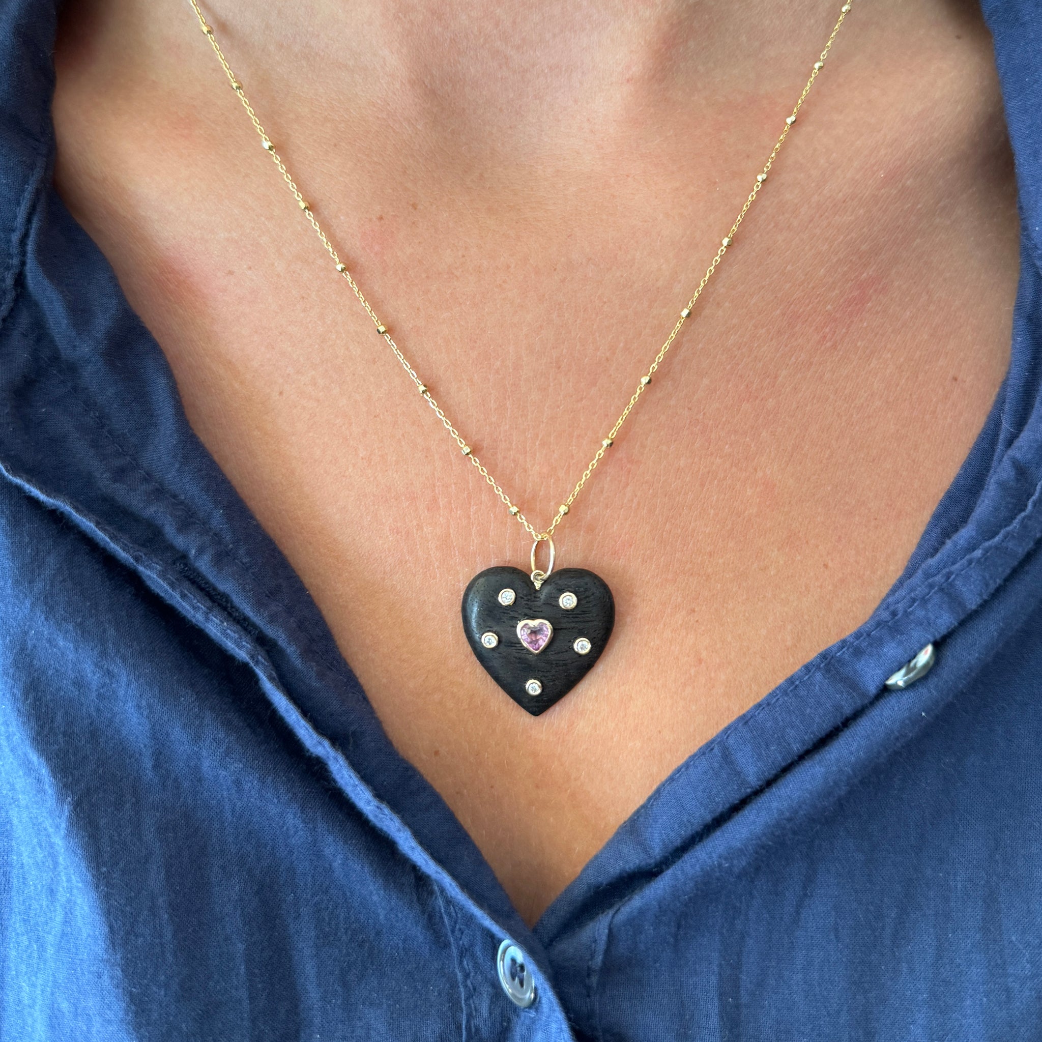 14K Gold Pink Sapphire & Diamond Wood Heart Pendant Necklace - Elegant Jewelry Gift for Women, Perfect for Valentine's Day & Anniversary