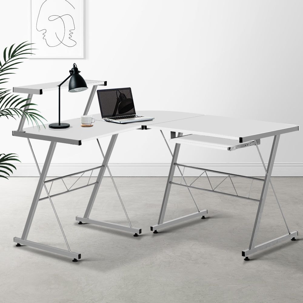 White Corner Metal Pull Out Table Desk - Space-Saving Home Office & Kitchen Workstation for Small Spaces