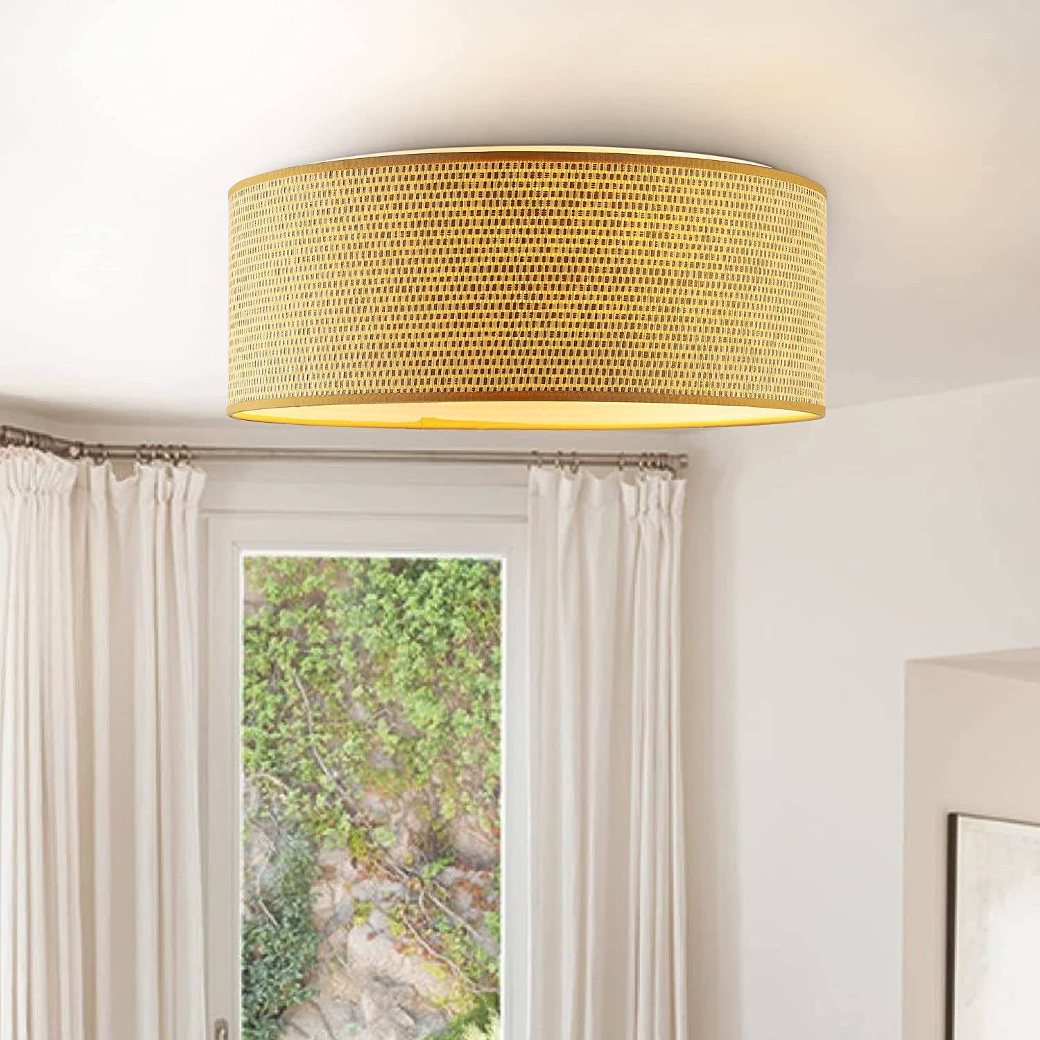 WINGBO 20 Inch Modern 5-Light Flush Mount Ceiling Light Fixture with Fabric & Acrylic Double Drum Shade - Elegant Lighting for Bedroom, Living Room, Dining Room, Hallway & Entryway in Flaxen - Perfect for Home Decor and Ambient Lighting