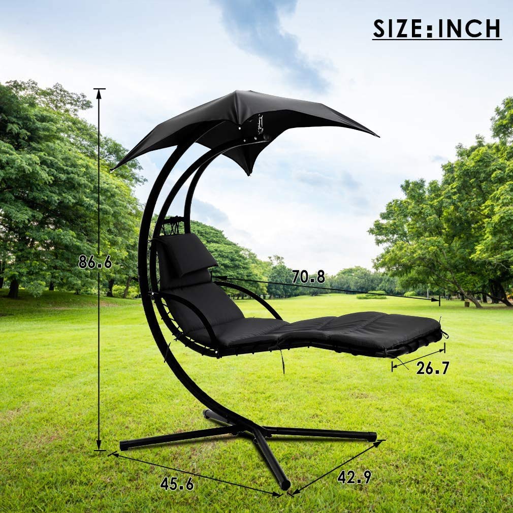 Black Hanging Chaise Lounger - Outdoor Patio Swing Chair with Adjustable Canopy & Arc Stand for Porch, Garden, Poolside Relaxation | Perfect for Napping, Reading & Sunbathing Indoors & Outdoors
