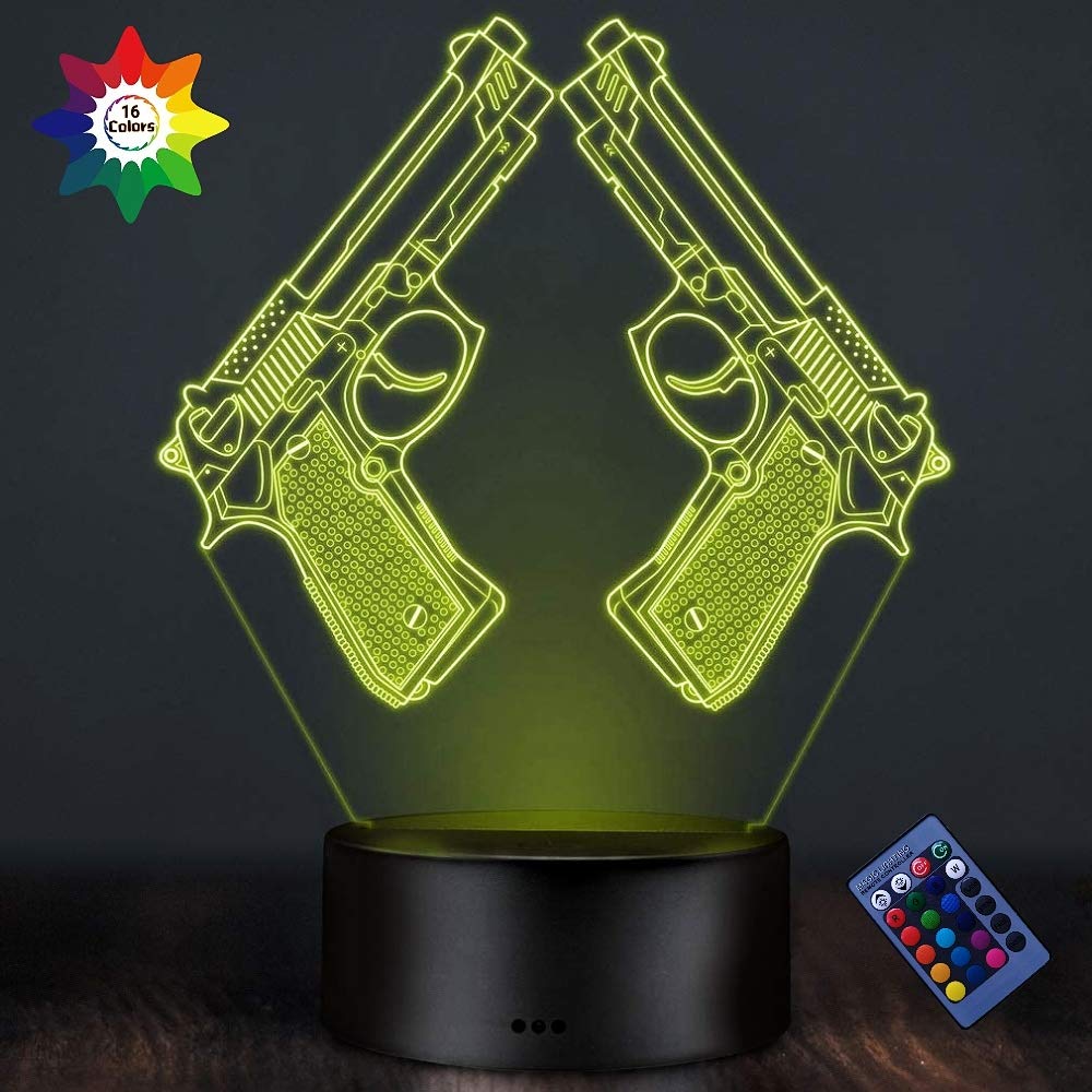 3D Pistol Lamp Night Light - 16 Color Changing LED Desk Lamp with USB Power, Remote Control & Touch Switch - Optical Illusion Decor for Bedroom, Gaming Room & Man Cave