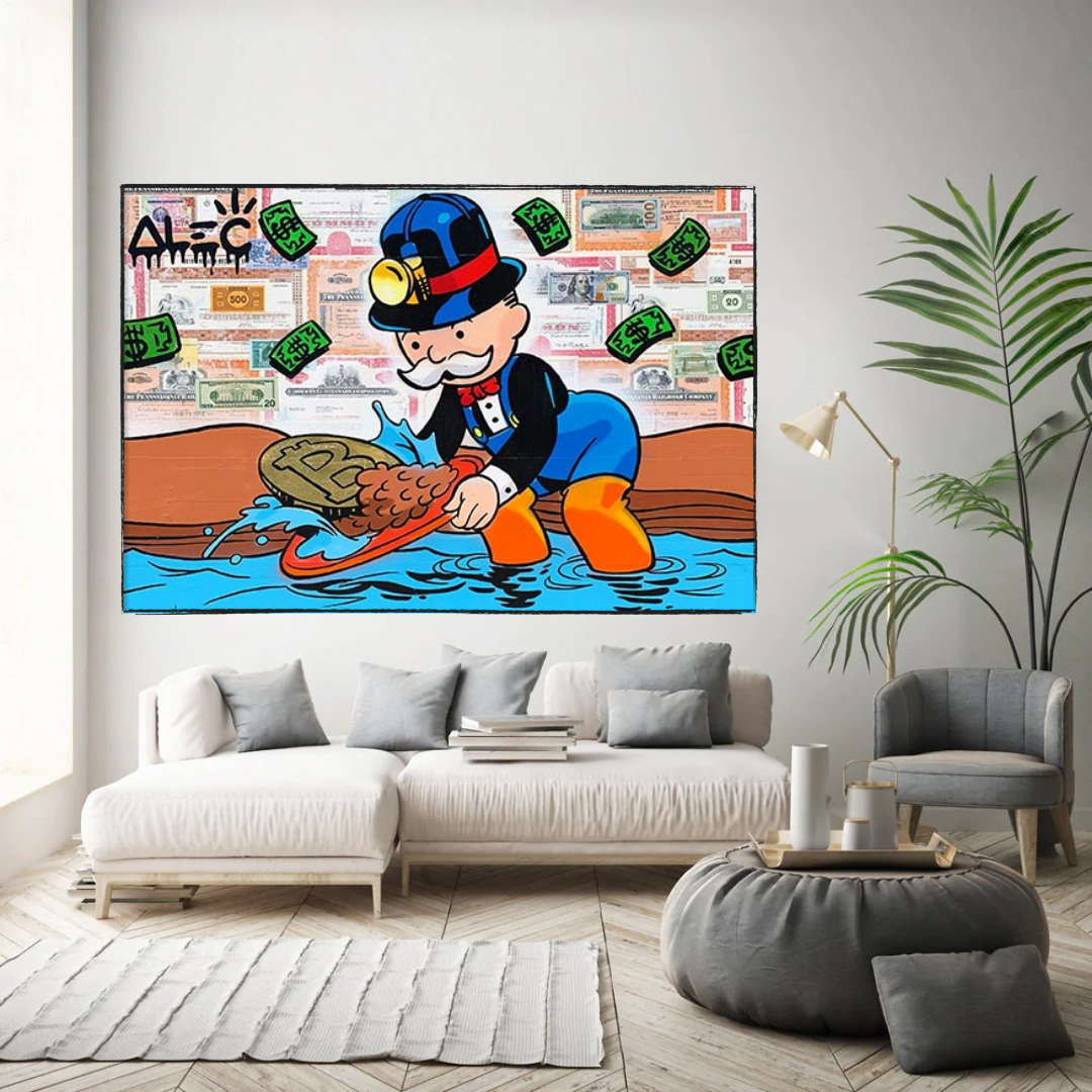 Alec Monopoly Man Bitcoin Mining Artwork - Unique Crypto Landscape Wall Decor for Home & Office - Perfect for Bitcoin Enthusiasts & Modern Art Collectors
