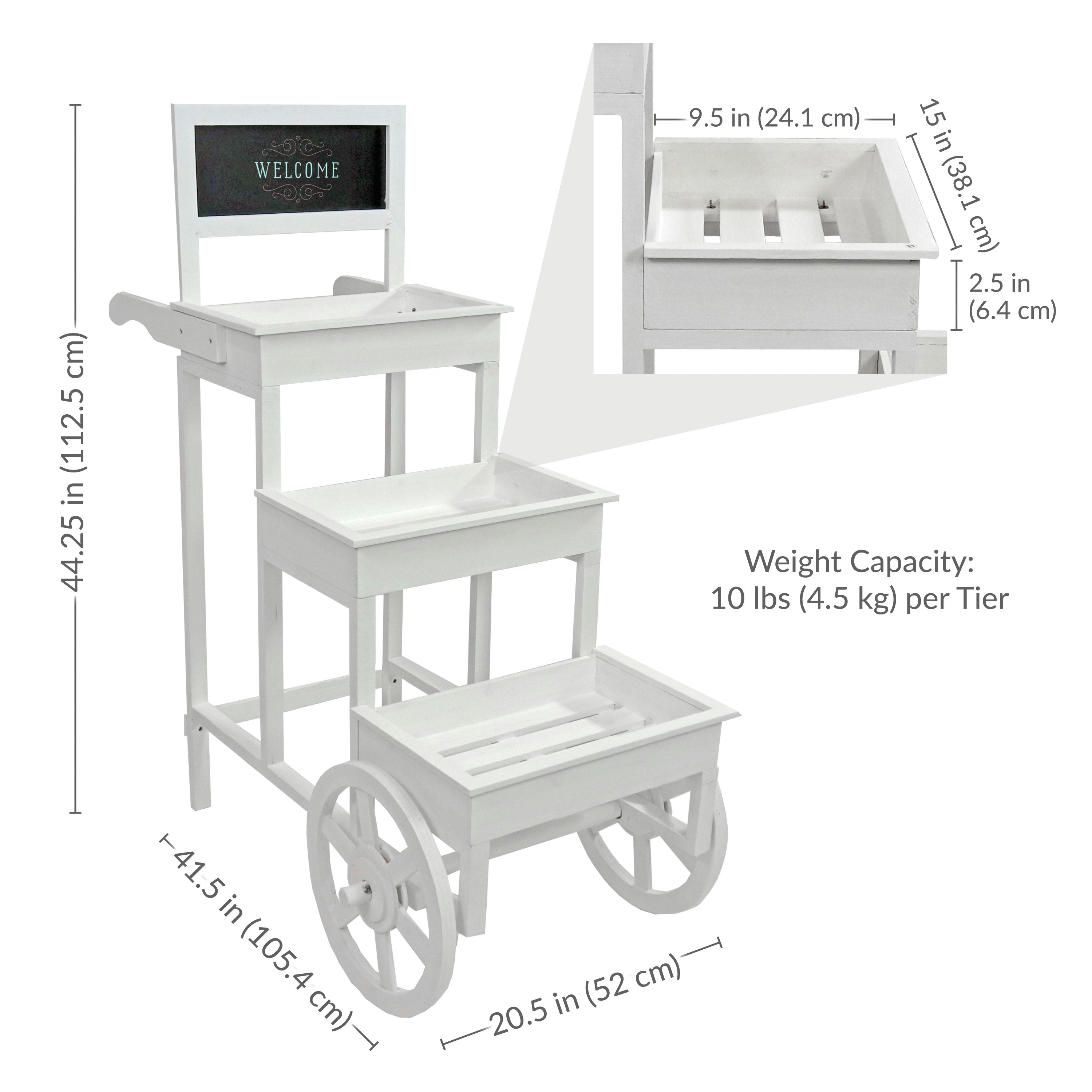 3-Tier Rolling Flower Cart Stand with Wheels - White Metal Garden Plant Display Rack for Indoor & Outdoor Decor, Patio, Balcony, and Backyard