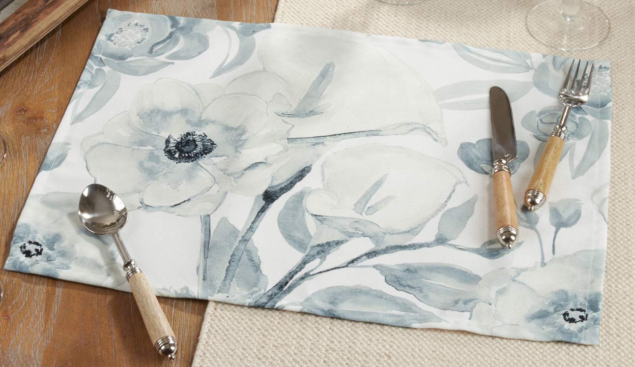 Fennco Watercolor Floral Placemats Set of 4 - 14x20 Inch Blue Grey Table Mats for Dining Room Decor, Kitchen Table, Holiday Parties & Special Occasions | Washable & Durable for Everyday Use
