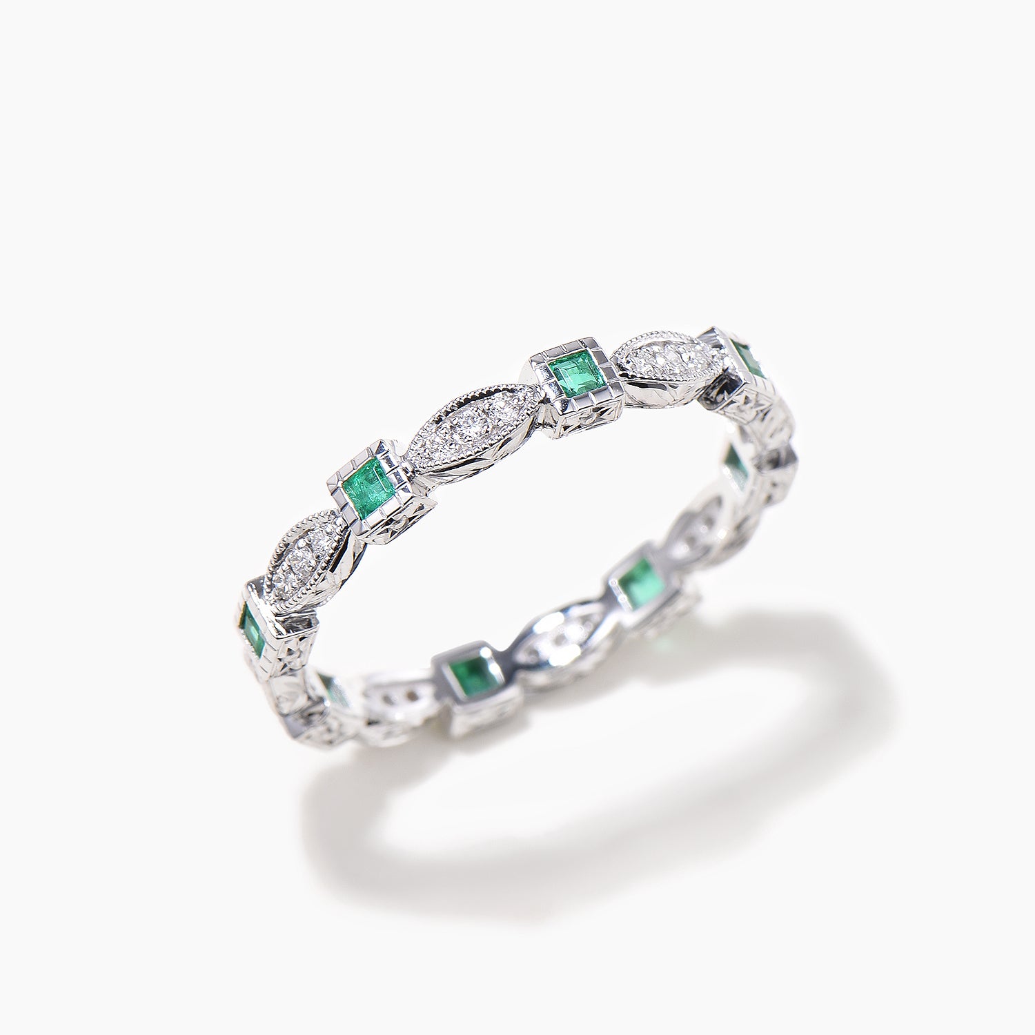 Princess Cut Emerald Bezel Wedding Ring - Diamond Full Eternity Band in 14K White Gold - Perfect for Engagement, Anniversary & Bridal Jewelry Gifts