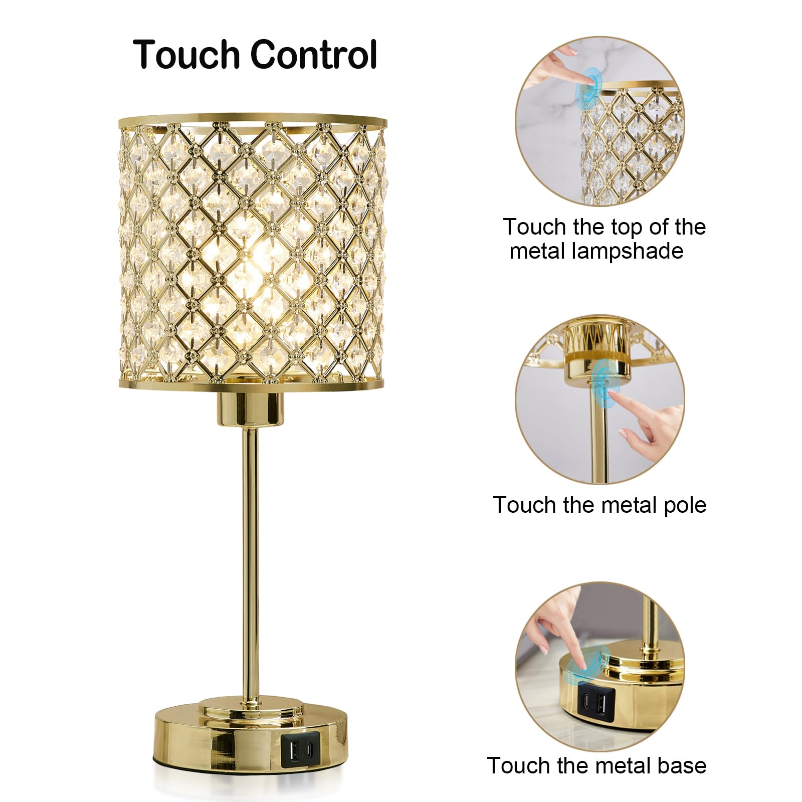 GyroVu Crystal Table Lamp - Touch Control with 2 USB Ports, 3-Way Dimmable Bedside Lamp with Included Bulb, Modern Nightstand Light for Bedroom & Living Room (Gold) | Perfect for Reading, Relaxing & Decorating Your Home