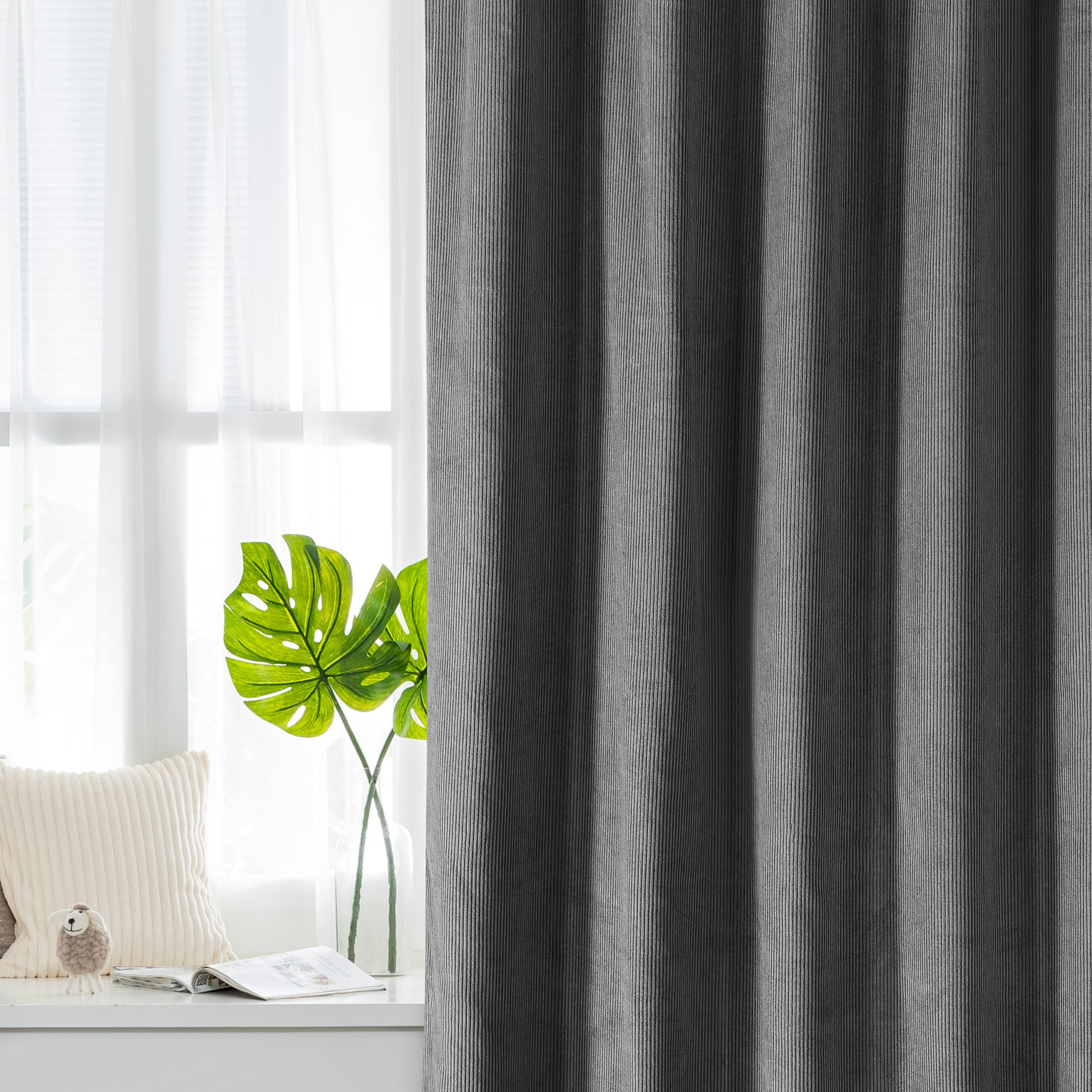Premium Cotton Velvet Window Curtains Set of 2 - Heavy Corduroy Blackout Drapes for Bedroom, Mid Century Modern Style, 100% Cotton Room Darkening Panels (52x96 Inches, Charcoal) - Perfect for Living Room, Bedroom & Home Theater Light Control