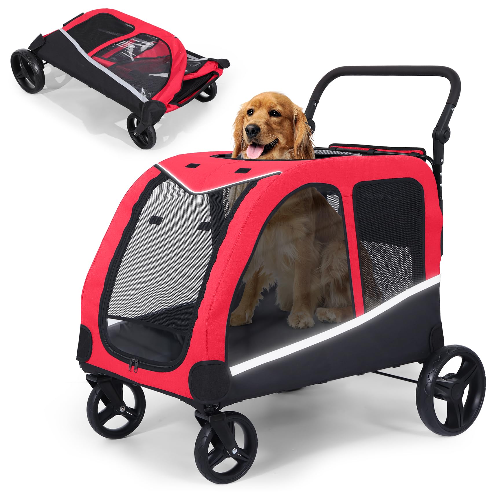 Extra Large Dog Stroller for 2 Dogs - Heavy Duty Pet Wagon & Carriage up to 160 lbs, Foldable Design with Adjustable Handle & Storage Pocket (Red) - Perfect for Walking, Shopping & Outdoor Adventures with Your Pets