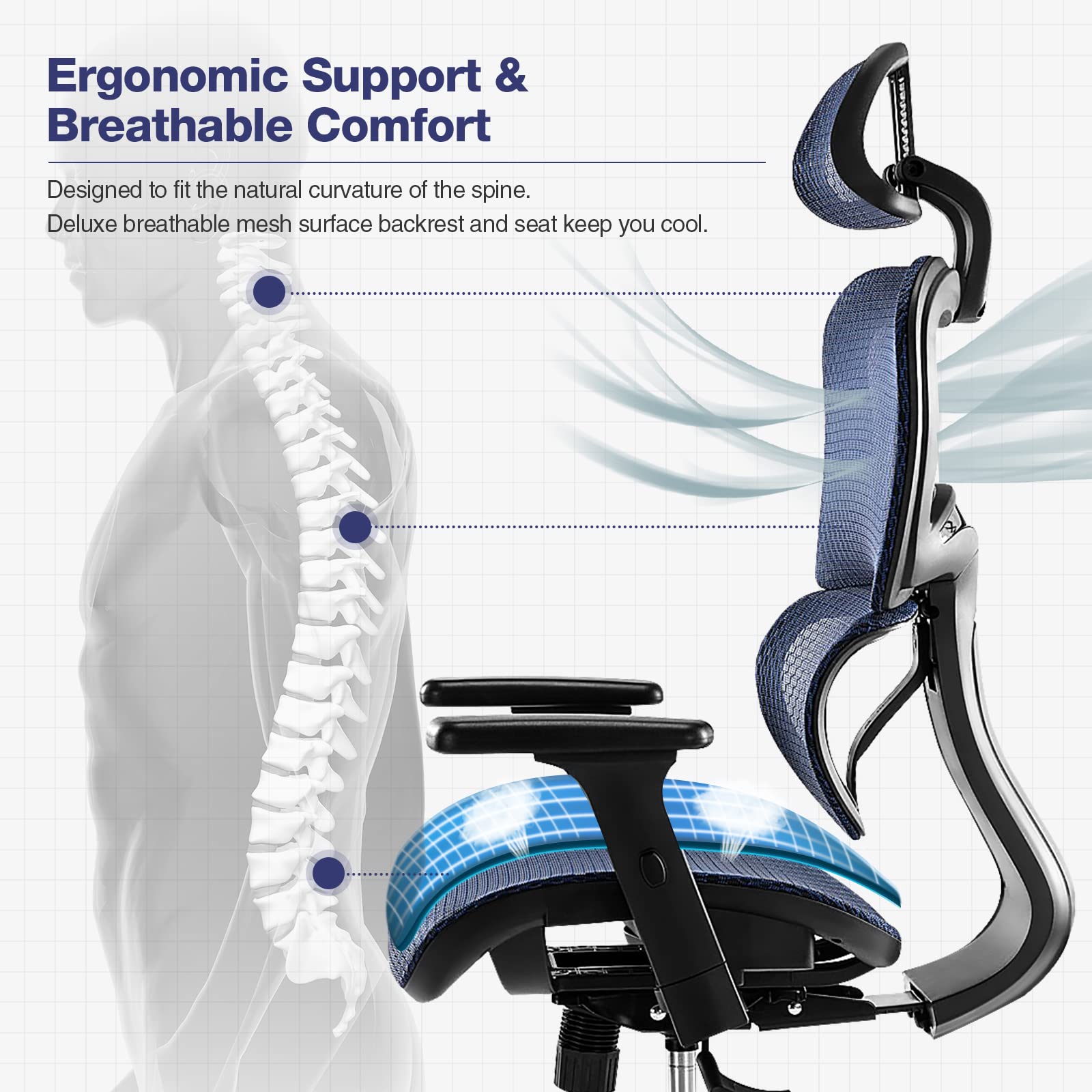 Ergonomic High Back Office Chair with Headrest & Lumbar Support - Adjustable Swivel Mesh Computer Chair with Movable Armrests, 300 lbs Weight Capacity - Perfect for Home Office, Executive Workspace & Long Hours Sitting