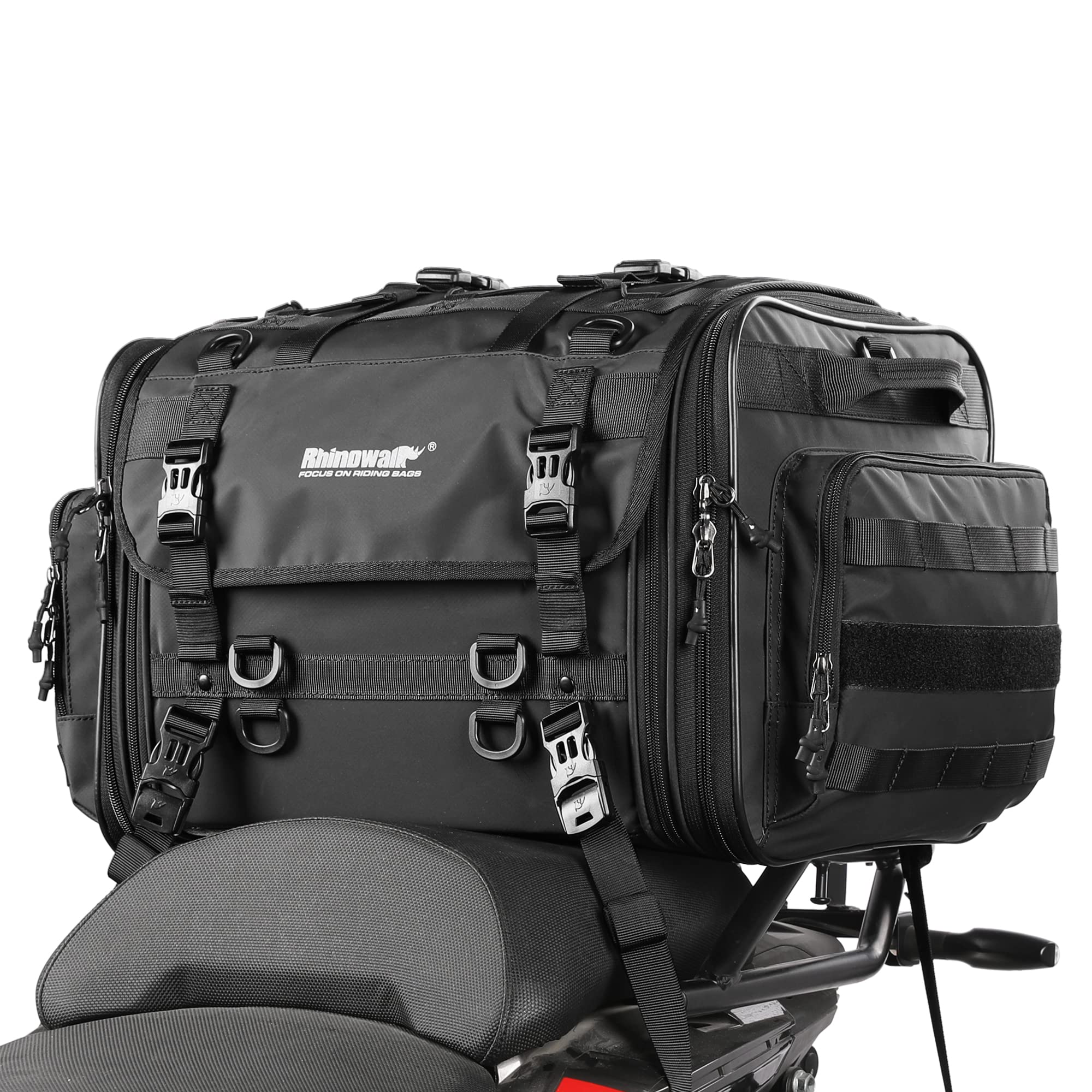 HUNTVP 40-60L Motorcycle Seat Bag - Waterproof Motorcycle Tail Bag with Rain Cover, Shoulder Strap & Adjustable Straps - Durable Travel Luggage for Motorbike, Rear Tack Storage - Perfect for Commuting, Road Trips & Adventure Riding (Black)