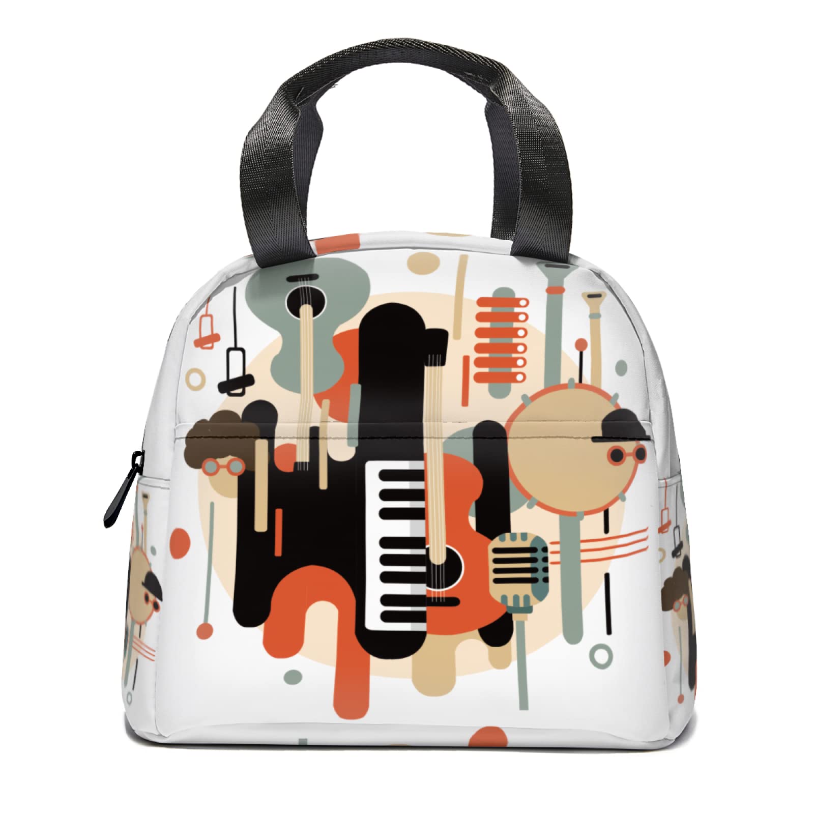 Vintage Musical Instrument Print Lunch Tote Bag - Insulated Reusable Lunch Box with Front Pocket for Women & Men | Perfect for School, Office, Picnic & Music Lovers (Piano, Guitar Design)