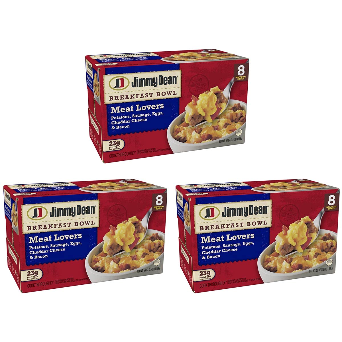Jimmy Dean Meat Lovers Breakfast Bowls - 3 Pack (24 Total Bowls) - Frozen Breakfast with Sausage, Eggs, Potatoes, Cheddar Cheese & Bacon - Quick & Easy Microwave Meal for Busy Mornings, Office Lunches or Camping Trips
