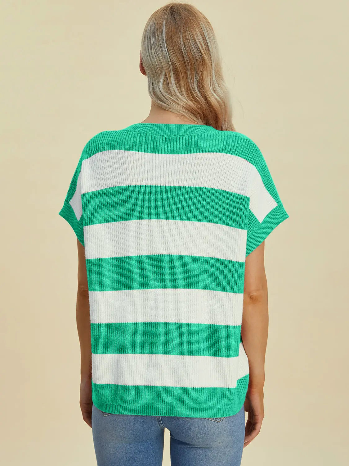 Double Take Full Size Striped V Neck Short Sleeve Sweater for Women - Soft Knit Pullover Casual Top for Spring & Summer Outfits | Office Wear, Date Night, Weekend Brunch