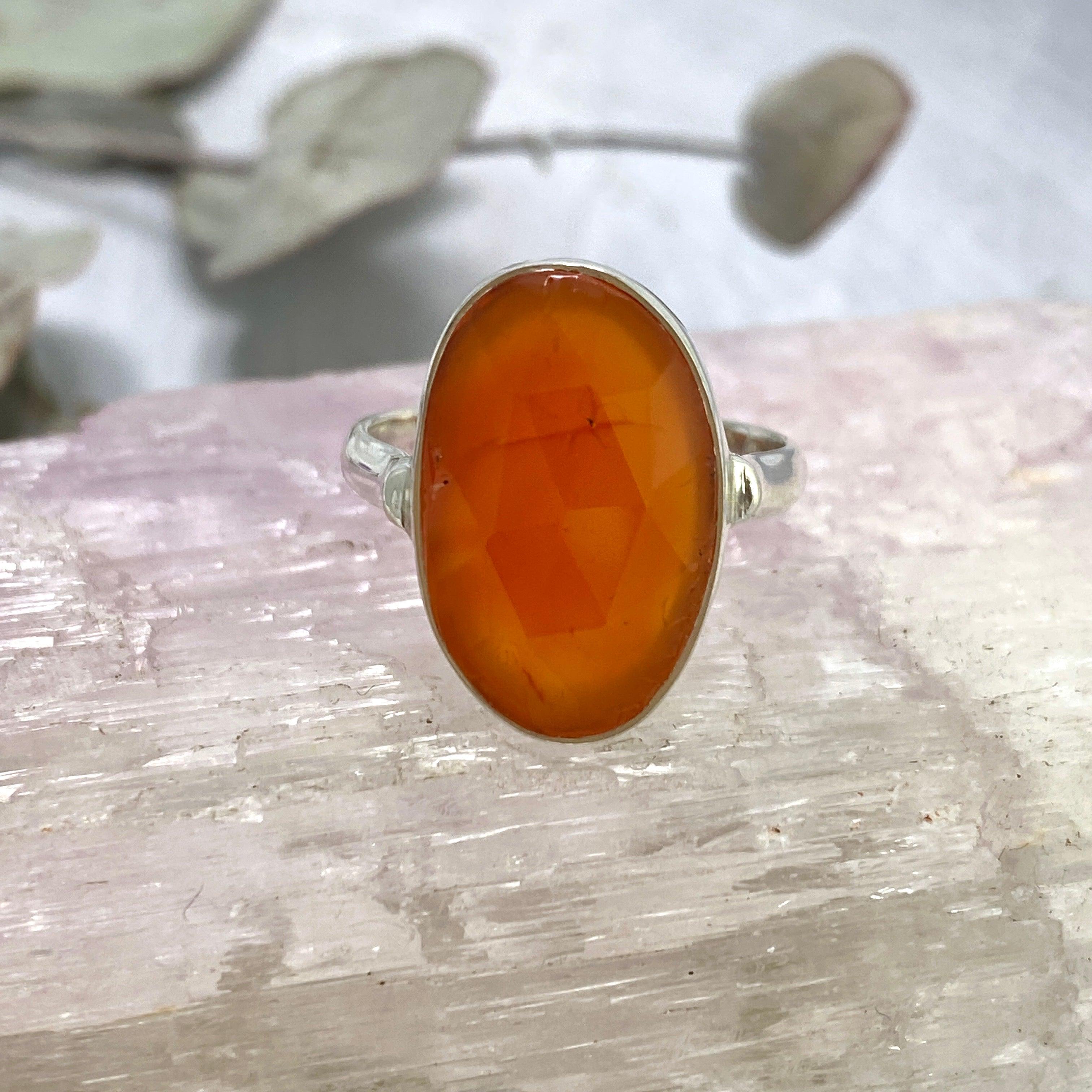 Natural Carnelian Oval Faceted Ring - Size 9 - KRGJ2552 - Elegant Jewelry for Women, Gift for Her, Boho Chic Accessory for Everyday Wear & Special Occasions