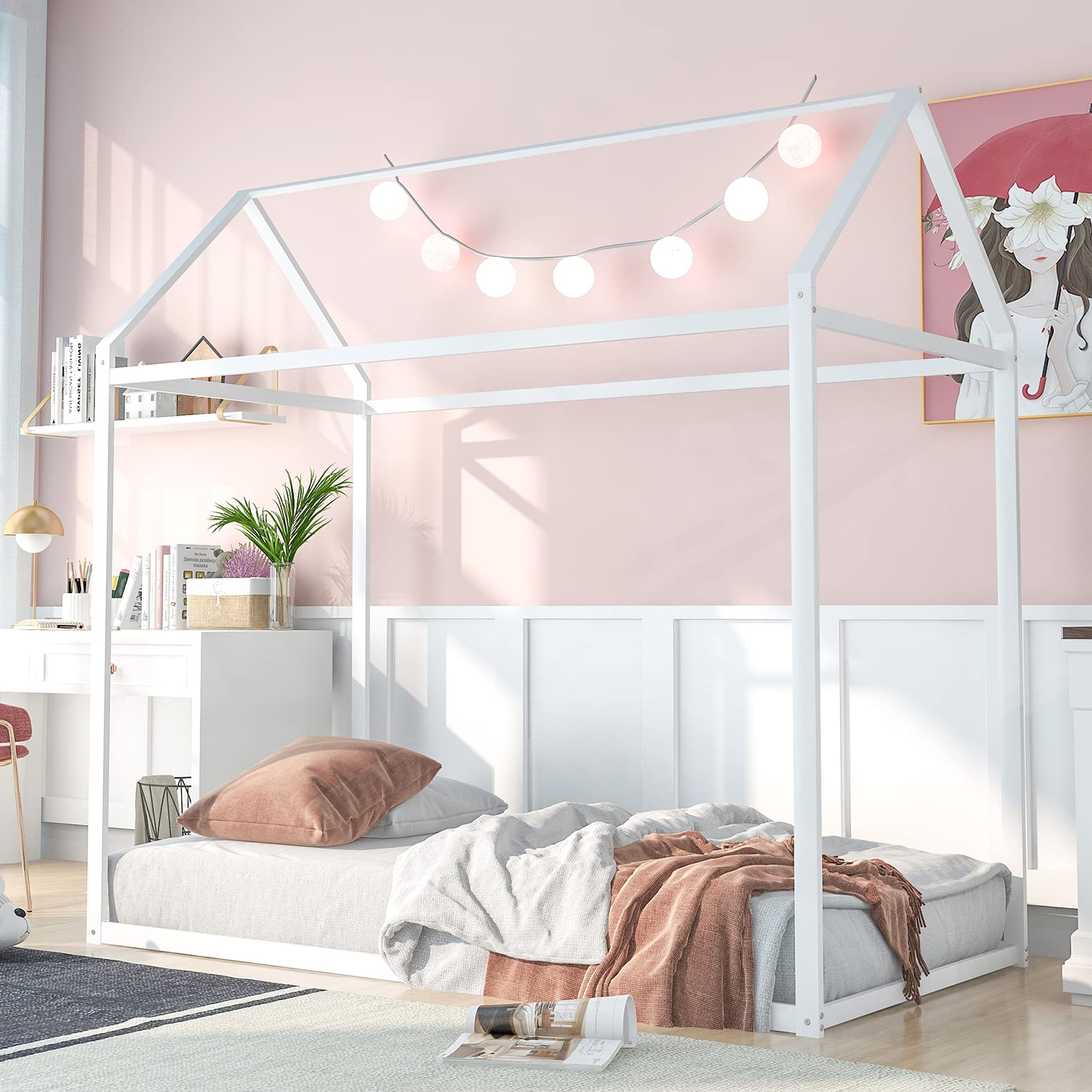 Montessori Twin House Bed for Kids - Sturdy Metal Platform Bed Frame, No Box Spring Needed, White - Perfect for Boys & Girls Bedrooms, Playrooms & Montessori Learning Spaces