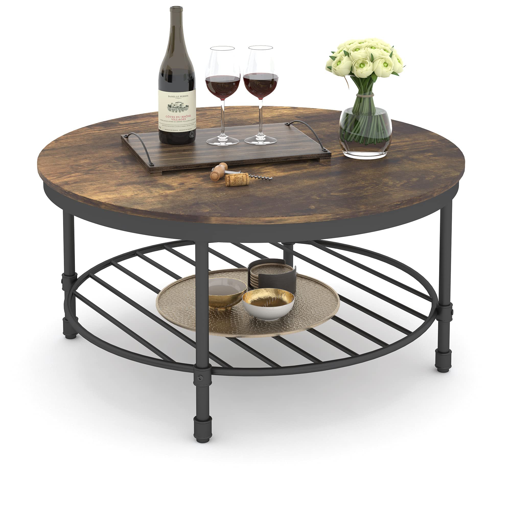 2-Tier Round Coffee Table with Wooden Top & Metal Frame - Industrial Rustic Living Room Accent Table with Storage Shelf - Retro Brown Finish for Home Decor & Small Space Organization