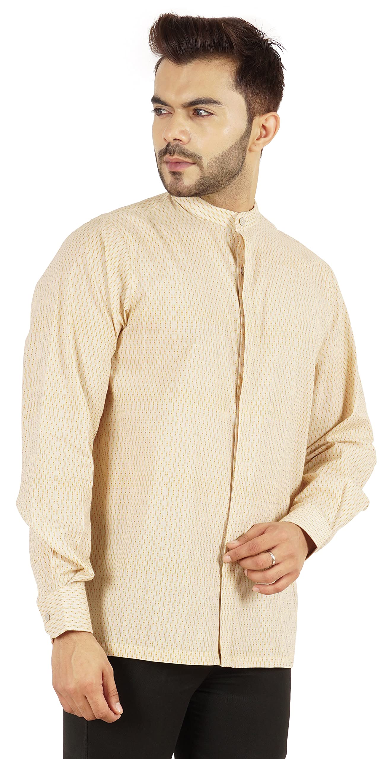 BESTMAN Men's Printed Mandarin Collar Long Sleeve Shirt - Office Wear & Business Casual Regular Fit Button Down Shirt for Work, Meetings, and Formal Occasions