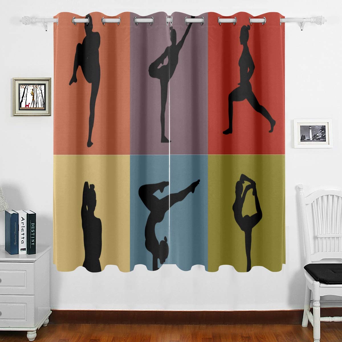 DOMIKING Blackout Curtain Panels for Bedroom & Living Room - Yoga Postures Collection Thermal Insulated Grommet Drapes (63x55 Inches) | Noise Reducing, Light Blocking Window Treatments for Better Sleep & Meditation Space
