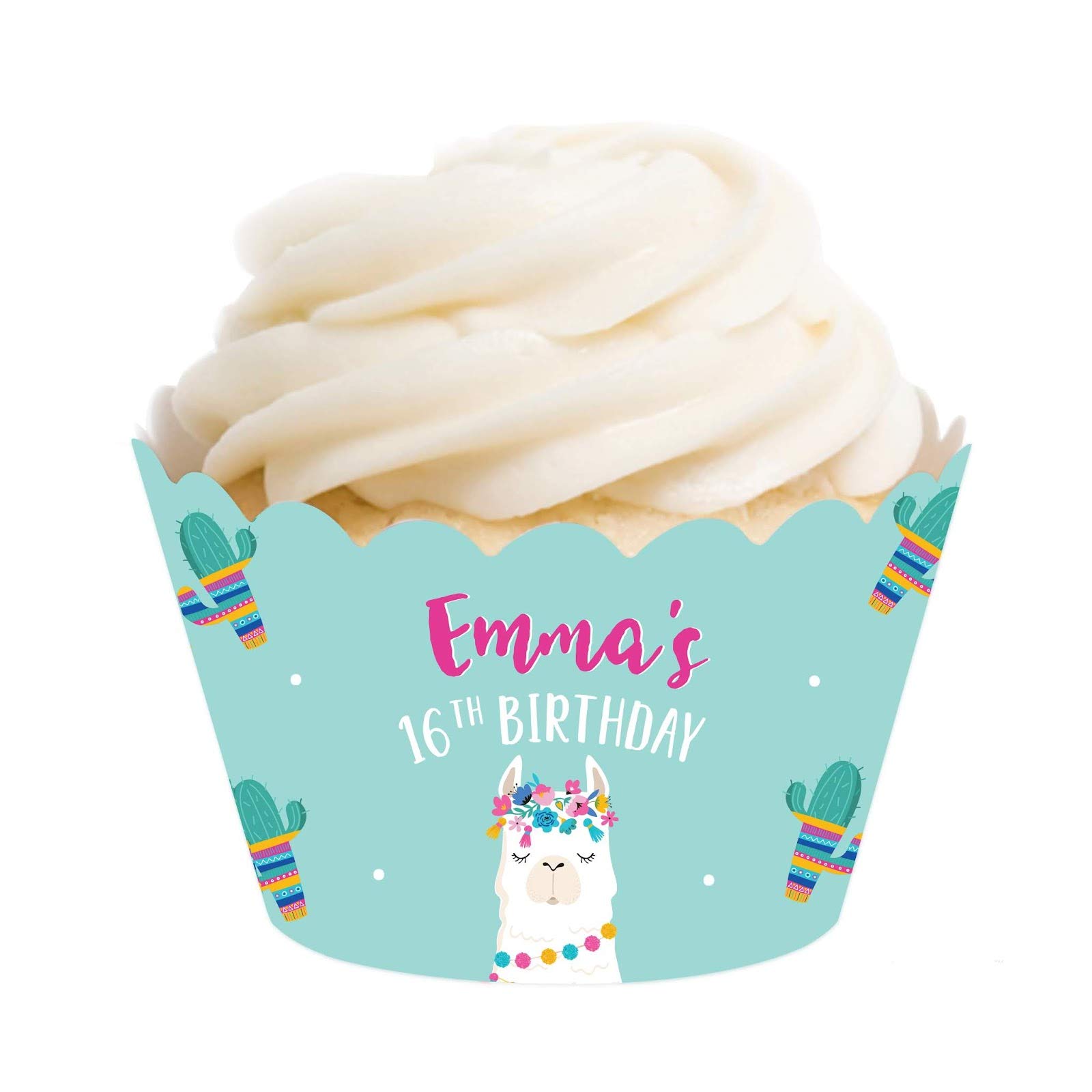 Personalized Llama and Cactus Birthday Party Cupcake Wrappers - 20-Pack Custom Bohemian Themed Decor for Sweet 16, Baby Showers & Bridal Showers | Emma's 16th Birthday Alpaca Theme Party Supplies