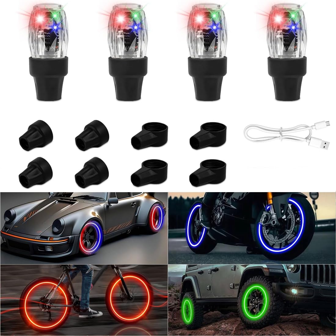 Car Tire Wheel LED Lights with Motion Sensor - 4 Pack Colorful Valve Stem Lights for Cars, Bikes & Motorcycles - Waterproof Atmosphere Lighting Accessories for Night Driving & Custom Vehicle Styling