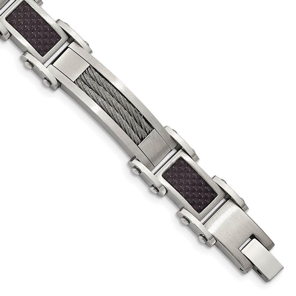 Men's Black Stainless Steel Carbon Fiber & Cable Link Bracelet - 8.5 Inch Adjustable Wristband for Business, Casual & Formal Occasions