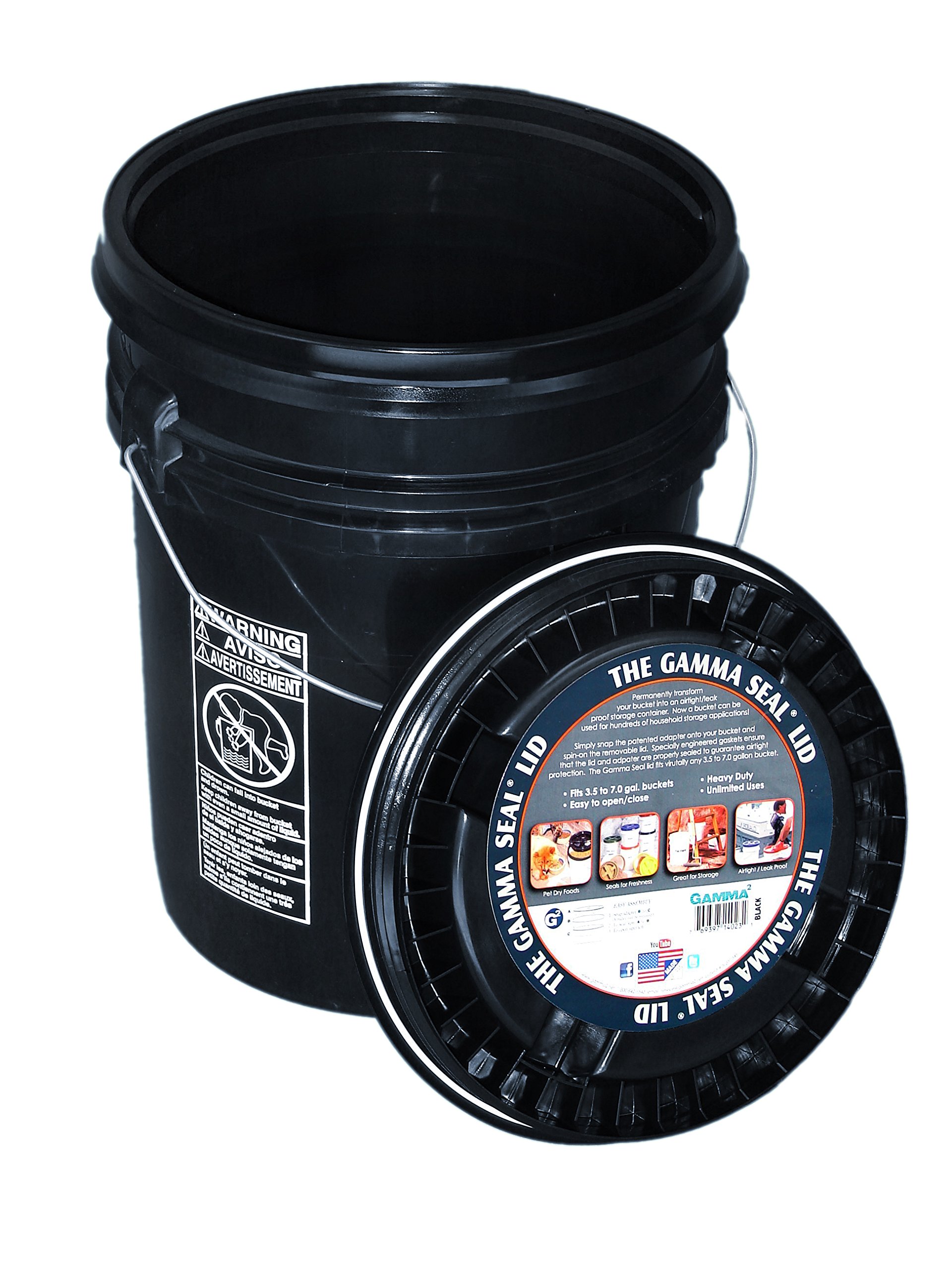 5 Gallon Black Bucket with Gamma Seal Lid - Heavy Duty Storage Container for Food, Water, Emergency Supplies & Camping Gear