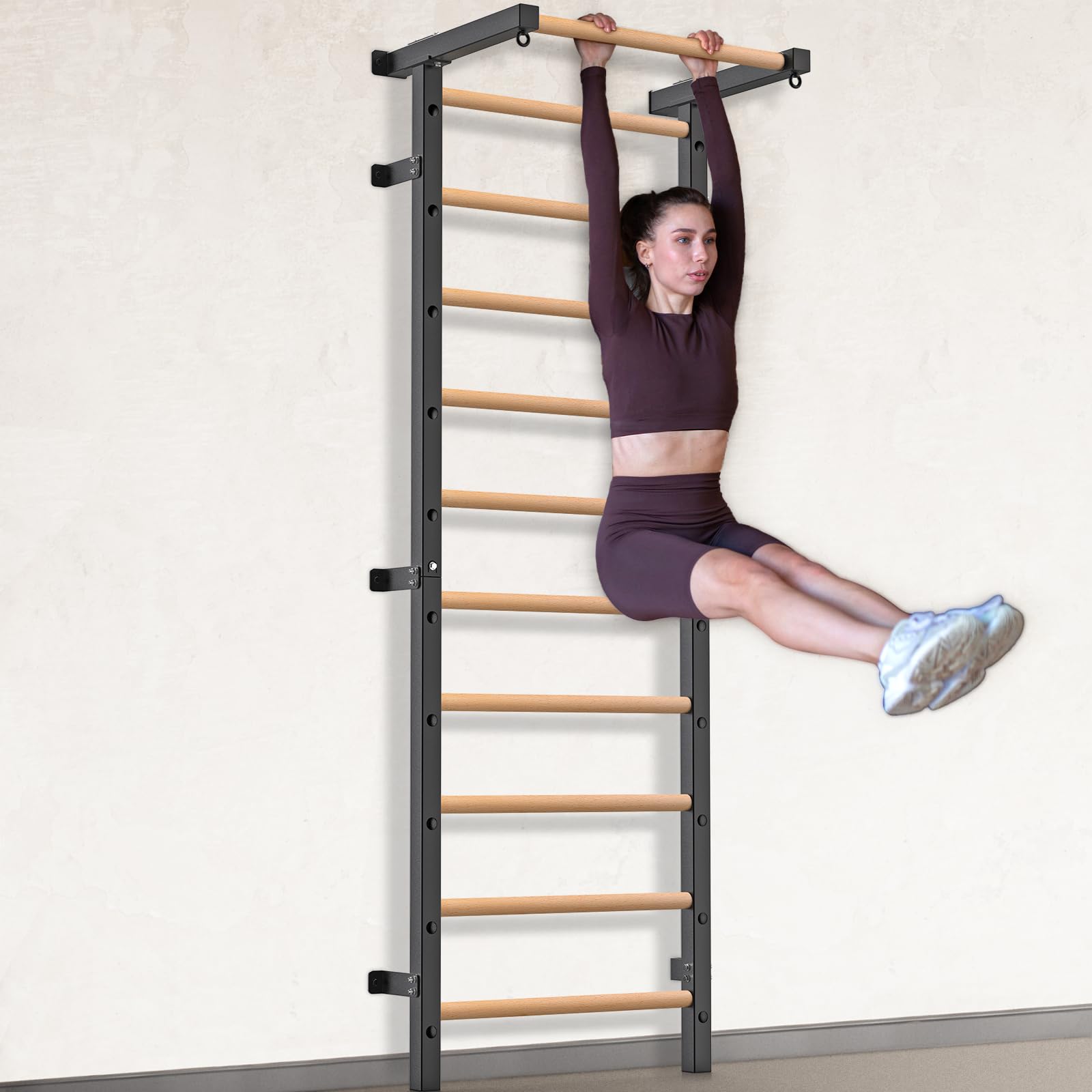 Premium Wood Stall Bar & Swedish Ladder with Pull-Up Bar - 11 Adjustable Strategic Rods for Full-Body Workout - Wall Mounted Suspension Trainer for Home Gym, School, Clinic & CrossFit Training - Perfect for Strength Training, Physical Therapy & Functional Fitness Exercises