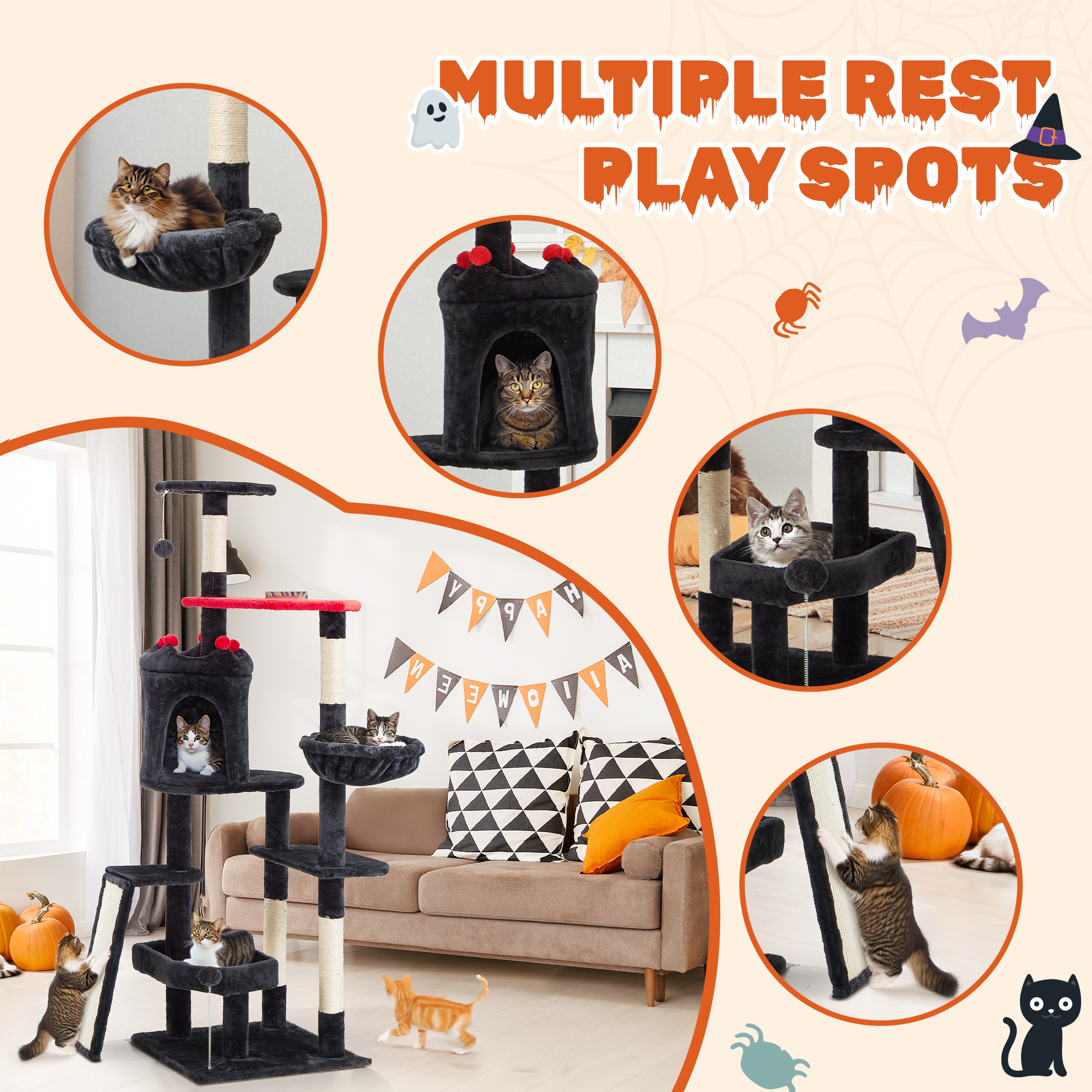 61 Inch Gothic Tall Cat Tree with Multi-Level Platforms, Hanging Toys & Sisal Scratching Post - Indoor Cat Tower for Large Cats - Perfect for Halloween Decor & Gothic Home Décor