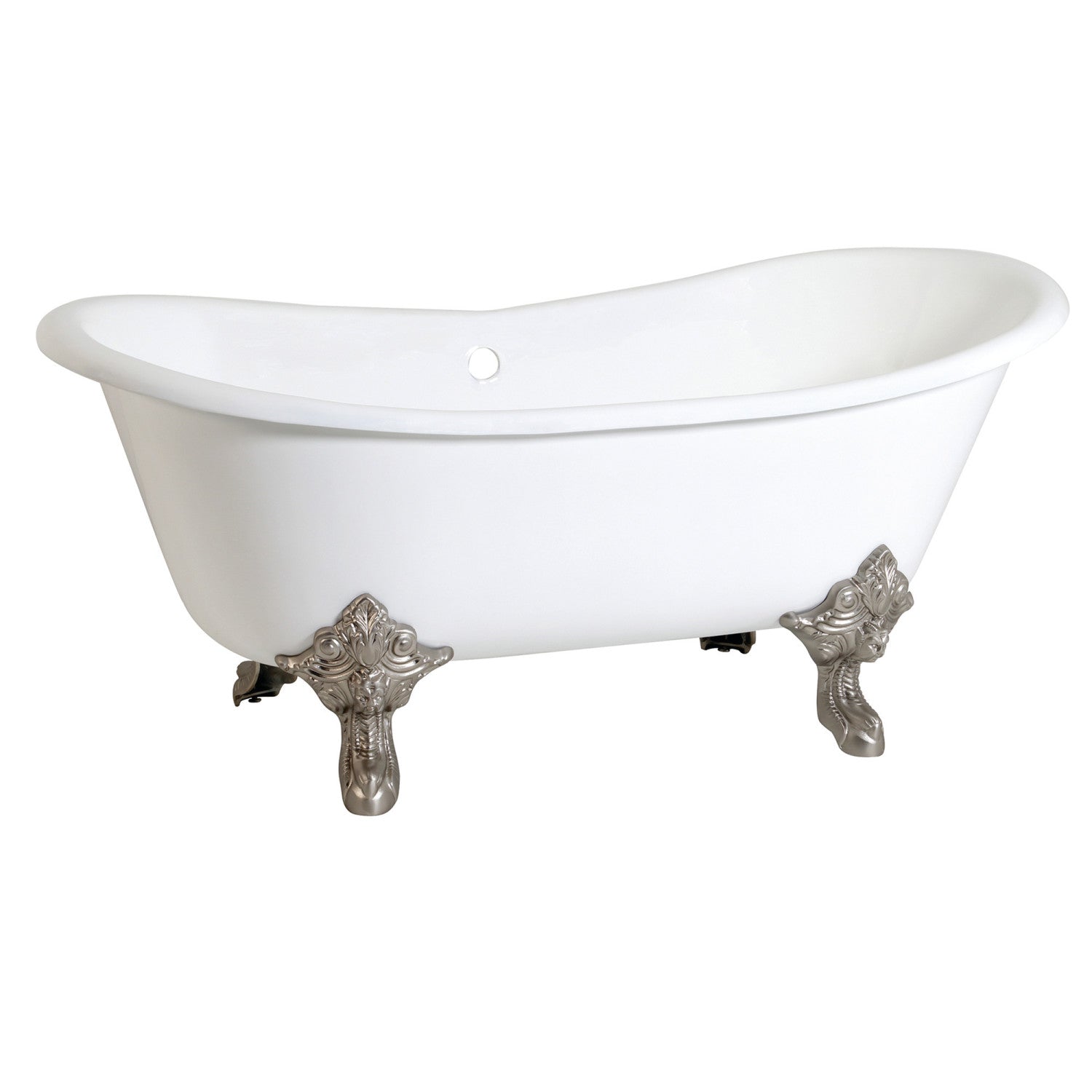 Aqua Eden 67 Inch White Cast Iron Oval Double Slipper Clawfoot Bathtub - Brushed Nickel Finish, No Faucet Drillings | Vintage Freestanding Soaking Tub for Master Bathroom, Luxury Spa Retreat, Classic Bathroom Centerpiece