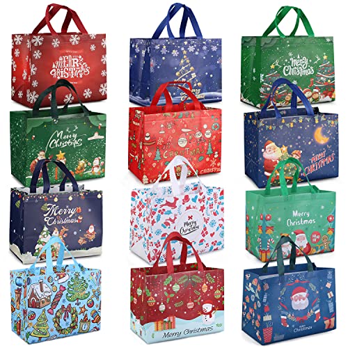 PARSUP 48-Pack Reusable Christmas Grocery Tote Bags with Handles - Eco-Friendly Non-Woven Gift Wrapping & Shopping Bags (12.8×9.8×6.7 Inch) - Perfect for Holiday Parties, Gift Giving & Festive Shopping
